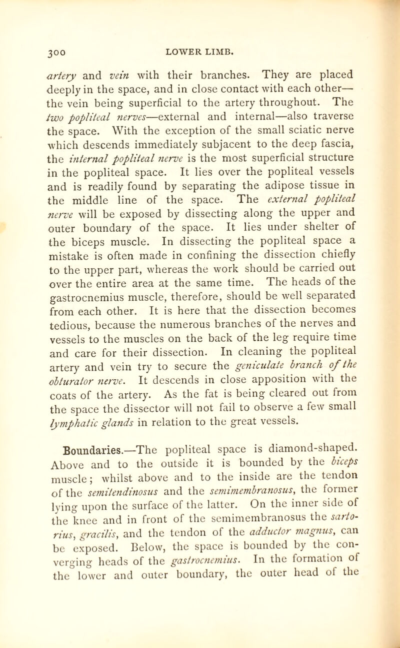 3°° artery and vein with their branches. They are placed deeply in the space, and in close contact with each other— the vein being superficial to the artery throughout. The two popliteal nerves—external and internal—also traverse the space. With the exception of the small sciatic nerve which descends immediately subjacent to the deep fascia, the internal popliteal nerve is the most superficial structure in the popliteal space. It lies over the popliteal vessels and is readily found by separating the adipose tissue in the middle line of the space. The external popliteal nerve will be exposed by dissecting along the upper and outer boundary of the space. It lies under shelter of the biceps muscle. In dissecting the popliteal space a mistake is often made in confining the dissection chiefly to the upper part, whereas the work should be carried out over the entire area at the same time. The heads of the gastrocnemius muscle, therefore, should be well separated from each other. It is here that the dissection becomes tedious, because the numerous branches of the nerves and vessels to the muscles on the back of the leg require time and care for their dissection. In cleaning the popliteal artery and vein try to secure the geniculate branch of the obturator nerve. It descends in close apposition with the coats of the artery. As the fat is being cleared out from the space the dissector will not fail to observe a few small lymphatic glands in relation to the great vessels. Boundaries.—The popliteal space is diamond-shaped. Above and to the outside it is bounded by the biceps muscle; whilst above and to the inside are the tendon of the semitendinosus and the semimembranosus, the former lying upon the surface of the latter. On the inner side of the knee and in front of the semimembranosus the sarto- rius, gracilis, and the tendon of the adductor magnus, can be exposed. Below, the space is bounded by the con¬ verging heads of the gastrocnemius. In the formation of the lower and outer boundary, the outer head of the