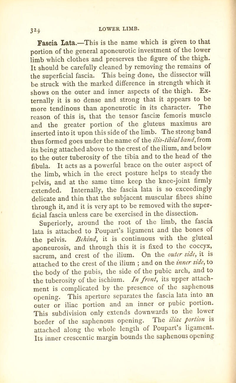 32i Eascia Lata.—This is the name which is given to that portion of the general aponeurotic investment of the lower limb which clothes and preserves the figure of the thigh. It should be carefully cleaned by removing the remains of the superficial fascia. This being done, the dissector will be struck with the marked difference in strength which it shows on the outer and inner aspects of the thigh. Ex¬ ternally it is so dense and strong that it appears to be more tendinous than aponeurotic in its character. The reason of this is, that the tensor fasciae femoris muscle and the greater portion of the gluteus maximus are inserted into it upon this side of the limb. The strong band thus formed goes under the name of the ilio-tibialband, from its being attached above to the crest of the ilium, and below to the outer tuberosity of the tibia and to the head of the fibula. It acts as a powerful brace on the outer aspect of the limb, which in the erect posture helps to steady the pelvis, and at the same time keep the knee-joint firmly extended. Internally, the fascia lata is so exceedingly delicate and thin that the subjacent muscular fibres shine through it, and it is very apt to be removed with the super¬ ficial fascia unless care be exercised in the dissection. Superiorly, around the root of the limb, the fascia lata is attached to Poupart’s ligament and the bones of the pelvis. Behind, it is continuous with the gluteal aponeurosis, and through this it is fixed to the coccyx, sacrum, and crest of the ilium. On the outer side, it is attached to the crest of the ilium ; and on the inner side, to the body of the pubis, the side of the pubic arch, and to the tuberosity of the ischium. In front, its upper attach¬ ment is complicated by the presence of the saphenous opening. This aperture separates the fascia lata into an outer or iliac portion and an inner or pubic poition. This subdivision only extends downwards to the lower border of the saphenous opening. The iliac portion is attached along the whole length of Poupart s ligament. Its inner crescentic margin bounds the saphenous opening