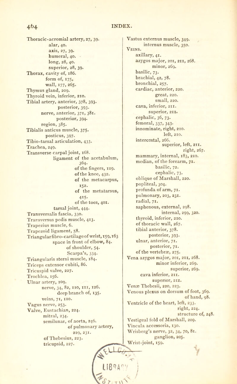 Thoracic-acromial artery, 27, 39. alar, 40. axis, 27, 39. humeral, 40. long, 28, 40. superior, 28, 39. Thorax, cavity of, 186. form of, 175, wall, 177, 265. Thymus gland, 209. Thyroid vein, inferior, 210. Tibial artery, anterior, 378, 393. posterior, 393. nerve, anterior, 371, 381. posterior, 394. region, 385. Tibialis anticus muscle, 375. posticus, 397. Tibio-tarsal articulation, 433. Trachea, 249. Transverse carpal joint, 168. ligament of the acetabulum, 364- of the fingers, 119. of the knee, 432. of the metacarpus, 152- of the metatarsus, 415- of the toes, 401. tarsal joint, 444. Transversalis fascia, 330. Trarsversus pedis muscle, 413. Trapezius muscle, 6. Trapezoid ligament, 58. Triangularfibro-cartilage of wrist, 159,163 space in front of elbow, 84. of shoulder, 54. Scarpa’s, 334. Triangularis sterni muscle, 184. Triceps extensor cubiti, 86. Tricuspid valve, 227. Trochlea, 156. Ulnar artery, 109. nerve, 34, 82, no, in, 126. deep branch of, 135. veins, 71, no. Vagus nerve, 253. Valve, Eustachian, 224. mitral, 234. semilunar, of aorta, 246. of pulmonary artery, 229, 231. ofThebesius, 223. tricupsid, 227. Vastus externus muscle, 349. internus muscle, 350. Veins. axillary, 41. azygos major, 201, 211, 268. minor, 269. basilic, 73. brachial, 42, 78. bronchial, 257. cardiac, anterior, 220. great, 220. small, 220. cava, inferior, 211. superior, 211. cephalic, 36, 73. femoral, 337, 343. innominate, right, 210. left, 210. intercostal, 266. superior, left, 211. right, 267. mammary, internal, 183, 210. median, of the forearm, 71. basilic, 72. cephalic, 73. oblique of Marshall, 220. popliteal, 304. profunda of arm, 71. pulmonary, 203, 231. radial, 71. saphenous, external, 298. internal, 299, 320. thyroid, inferior, 210. of thoracic wall, 267. tibial anterior, 378. posterior, 393. ulnar, anterior, 71. posterior, 71. of the vertebrae, 275. Vena azygos major, 201, 211, 268. minor inferior, 269. superior, 269. cava inferior, 211. superior, 211. Venae Thebesii, 220, 223. Venous plexus on dorsum of foot, 369. of hand, 98. Ventricle of the heart, left, 233. right, 224. structure of, 248 Vestigcal fold of Marshall, 209. Vincula accessoria, 130. Wrisbcrg’s nerve, 32, 34, 70, 81. ganglion, 205. Wrist-joint, 159.