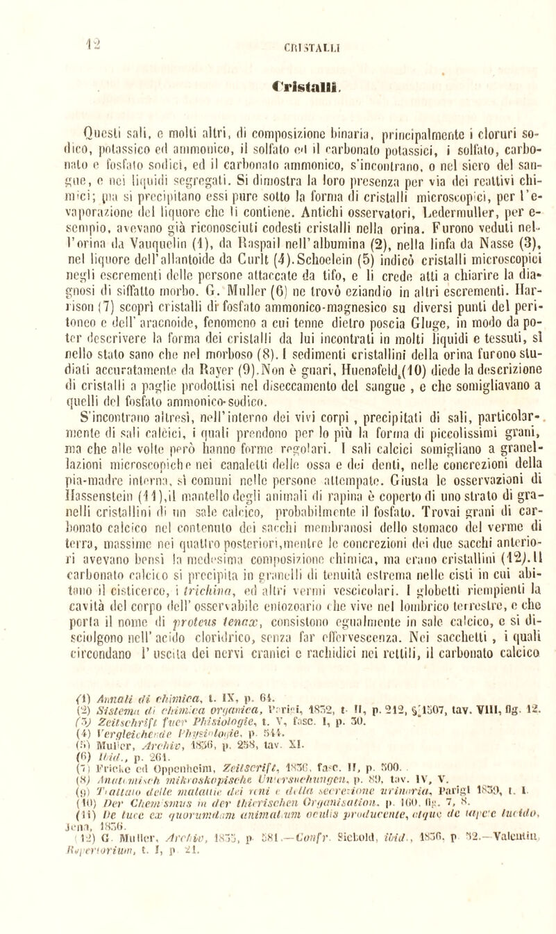 <'ristaili. Questi sali, e molti altri, di composizione binaria, principalmente i cloruri so¬ dico, potassico ed ammonico, il solfato o<l il carbonato potassici, i sollato, carbo¬ nato e fosfato sodici, ed il carbonaio ammonico, s’incontrano, o nel siero del san¬ gue, e nei liquidi segregati. Si dimostra la loro presenza per via dei reattivi chi¬ mici; pia si precipitano essi pure sotto la forma di cristalli microscopici, per l’e¬ vaporazione del liquore clic li contiene. Antichi osservatori, Ledermuller, per e- sempio, avevano già riconosciuti codesti cristalli nella orina. Furono veduti nel- l’orina da Vauquelin (1), da Raspai! nell’albumina (2), nella linfa da Nasse (3), nel liquore dell’ollnntoide da Curlt (4).Schoelein (5) indicò cristalli microscopici negli escrementi delle persone attaccate da tifo, e li crede atti a chiarire la dia¬ gnosi di siffatto morbo. G. Moller (G) ne trovò eziandio in altri escrementi. Har- i ison (7) scoprì cristalli di'fosfato ammonico-magnesico su diversi punti del peri¬ toneo e dell’ aracnoide, fenomeno a cui tenne dietro poscia Gluge, in modo da po¬ ter descrivere la forma dei cristalli da lui incontrati in molti liquidi e tessuti, sì nello stalo sano che nel morboso (8). I sedimenti cristallini delia orina furono stu¬ diali accuratamente da Rayer (9).Non è guari, Huenafeìdt(10) diede la descrizione di cristalli a paglie prodottisi nel diseccamento del sangue , c clic somigliavano a quelli del fosfato ammonico-sodico. S’incontrano altresì, nell’interno dei vivi corpi, precipitati di sali, particolar¬ mente di sali calcici, i quali prendono per lo più la forma di piccolissimi grani, ma che alle volle però hanno forme regolari. 1 sali calcici somigliano a granel- lazioni microscopiche nei canaletti delle ossa e dei denti, nelle concrezioni della pia-madre interna, sì comuni nelle persone attempate. Giusta le osservazioni di ìlassenstein (11),il mantello degli animali di rapina è coperto di uno strato di gra¬ nelli cristallini di un sale calcico, probabilmente il fosfato. Trovai grani di car¬ bonato calcico nel contenuto dei sacelli membranosi dello stomaco del verme di terra, massime nei quatlro posteriori,mentre le concrezioni dei due sacelli anterio¬ ri avevano bensì la medesima composizione chimica, ma erano cristallini carbonato calcico si precipita in granelli di tenuità estrema nelle cisti in cui abi¬ tano il cisticerco, i trichina, ed altri vermi vescicolari. I globetti riempienti la cavità del corpo dell’ osservabile enlozoario che vive nel lombrico terrestre, c clic porla il nome di proteus tenax, consistono egualmente in sale calcico, e si di¬ sciolgono nell’acido cloridrico, senza far effervescenza. Nei sacchetti, i quali circondano l’uscita dei nervi cranici c rachidici nei rettili, il carbonaio calcico (1) Annali di chimica, t. IX, p. 6i. (2) Sistema di chimica organica. Varie!, 1832, t II, p. 212, §-1507, tav. Vili, Og. 12. (i) Zeitschrtft fvcr Phisiolagie, t. V, fase. 1, p. 30. (4) Vergleichende Physiologie, p. 544. (5) Muller, Archiv, 1830, p. 258, tav. XI. (fi) ma., p. 26i. (7) Frickc c<l Oppenheim, Zeitscrift, 1S3C, fase. Il, p. 500. (8) Anali.misch mikroskcpische Unursuchungcn, p. 80, tav. IV, V. (9) Tiaitaio delle maialile dei reni < dilla seccaione urinaria, Parigi 1830, t. I (10) ber Chem sìiins in der thirrischen Organisatìon. p. 100, rig. 7, 8. (11) He luce ex quorumdam animatami oculis producente, et gite de utpee lucido, Jena, 1836. 12) G Mailer, Archiv, 1833, p 581 .— Confr. Sictold, ibid-, 1830. p 32.-Valentin Hupenorium, t. I, p 21,