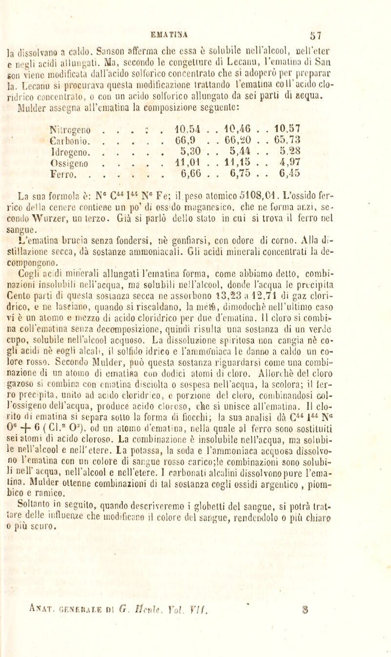 la dissolvano a caldo. Sanson afferma clic essa è solubile nell’alcool, uell’eter c negli acidi allungali. Ma, secondo le congetiurc di Lecanu, l’eniatina di San son viene modificala dall'acido solforico concentralo che si adoperò per preparar la. Lecanu si procurava questa modificazione trattando l'ematina coll'acido clo¬ ridrico concentrato, o con un acido solforico allungato da sei parti di acqua. IMulder assegna all’ematina la composizione seguente: Nitrogeno . . . : . 40,54 . . 10,46 . . 10.57 Carbonio. .... (36,9 . . 66,20 . . 65,73 Idrogeno. . .... 5,30 . . 5,44 . . 5,28 Ossigeno .... 11,01 . . 11,15 . . 4,97 Ferro. . . . . . . 6,66 . . 6,75 . . 6,4-5 La sua forinola è: N® Culu N® Fe; il peso atomico 5108,01. L’ossido fer¬ rico della cenere contiene un po’ di oss do nuiganrsico. che ne forma anzi, se¬ condo Wurzer, un terzo. Già si parlò dello stalo incili si trova il ferro nel sangue. L’ematina brucia senza fondersi, nè gonfiarsi, con odore di corno. Alla di¬ stillazione secca, dà sostanze ammoniacali. Gli acidi minerali concentrati la de¬ compongono. Cogli acidi minerali allungati l’ematina forma, come abbiamo detto, combi¬ nazioni insolubili nell’acqua, ma solubili nell’alcool, donde l'acqua le precipita Cento pai ti di questa sostanza secca ne assoibono 13,53 a 12,71 di gaz clori¬ drico, e ne lasciano, quando si riscaldano, la metà, dimodoché nell’ultimo caso vi è un atomo e mezzo di acido cloridrico per due d’ematina. 11 cloro si combi¬ na coll’ematina senza decomposizione, quindi risulta una sostanza di un verde cupo, solubile nell'alcool acquoso. La dissoluzione spiritosa non cangia nò co¬ gli acidi nè eogli alcali, il solfalo idrico e l’ammoniaca le danno a caldo un co¬ lore rosso. Secondo Mulder, può questa sostanza riguardarsi come una combi¬ nazione di un atomo di ematina con dodici atomi di doro. Allorché del cloro gazoso si combina con ematina disciolta o sospesa nell’acqua, la scolora; il ler- ro precipita, unito ad acido cloridrico, c porzione del cloro, combinandosi ool- l'ossigeno dell’acqua, produce acido cloroso, che si unisce all’ematina. Il do¬ rilo di ematina si separa sotto la forma di fiocchi; la sua analisi dà C441** Ns 06 -f 6 (Cl.2 O3). od un atomo d’ematina, nella quale al ferro sono sostituiti sei atomi di acido cloroso. La combinazione è insolubile nell’acqua, ma solubi¬ le nell’alcool e nell’etere. La potassa, la soda e l’ammoniaca acquosa dissolvo¬ no l’ematina con un colore di sangue rosso earico;!e combinazioni sono solubi¬ li nell acqua, nell’alcool e nell’etere. 1 carbonati alcalini dissolvono pure l’ema¬ tina. Mulder ottenne combinazioni di tal sostanza cogli ossidi argenlico , piom- bico e ramico. Soltanto in seguilo, quando descriveremo i glohelti del sangue, si potrà trat¬ tare delle influenze clic modificano il colore del sangue, rendendolo o più chiaro o più scuro. Anat. generale ni G II etile. Voi. VII. r$