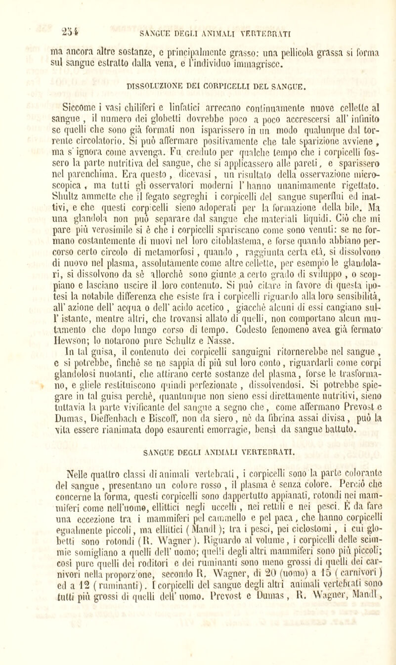 234 ma ancora altre sostanze, e principalmente grasso: una pellicola grassa si forma sul sangue estratto dalla vena, e l’individuo immagrisce. DISSOLUZIONE DEI CORPICELLI DEL SANGUE. Siccome i vasi chiliferi e linfatici arrecano continuamente nuove cellette al sangue , il numero dei globetti dovrebbe poco a poco accrescersi all’ infinito se quelli clic sono già formali non Sparissero in un modo qualunque dal tor¬ rente circolatorio. Si può affermare positivamente che tale sparizione avviene , ma s'ignora come avvenga. Fu creduto per qualche tempo che i corpicelli fos¬ sero la parte nutritiva del sangue, che si applicassero alle pareli, e sparissero nel parenchima. Era questo , dicevasi, un risultalo della osservazione micro¬ scopica , ma tutti gli osservatori moderni l’hanno unanimamente rigettato. Slmllz ammette clic il fegato segreghi i corpicelli del sangue superflui ed inat¬ tivi, e che questi corpicelli sieno adoperati per la formazione della bile. Ma lina glandola non può separare dal sangue clic materiali liquidi. Ciò che mi pare più verosimile si è che i corpicelli spariscano come sono venuti: se ne for¬ mano costantemente di nuovi nel loro citoblaslema, e forse quando abbiano per¬ corso certo circolo di metamorfosi, quando , raggiunta certa età, si dissolvono di nuovo nel plasma, assolutamente come altre cellette, per esempio le glandola¬ re si dissolvono da se allorché sono giunte a certo grado di sviluppo , o scop¬ piano e lasciano uscire il loro contenuto. Si può citare in favore di questa ipo¬ tesi la notabile differenza che esiste fra i corpicelli riguardo alla loro sensibilità, all’ azione dell’ acqua o dell’ acido acetico , giacché alcuni di essi cangiano sul- l’istante, mentre altri, clic trovansi allato di quelli, non comportano alcun mu¬ tamento che dopo lungo corso di tempo. Codesto fenomeno avea già fermato Hewson; lo notarono pure Sclmllz e Nasse. In tal guisa, il contenuto dei corpicelli sanguigni ritornerebbe nel sangue , c si potrebbe, finche se ne sappia di più sul loro conto, riguardarli come corpi glandolosi nuotanti, clic attirano certe sostanze del plasma, forse le trasforma¬ no, e gliele restituiscono quindi perfezionate , dissolvendosi. Si potrebbe spie¬ gare in tal guisa perchè, quantunque non sieno essi direttamente nutritivi, sieno tuttavia la parte vivificante del sangue a segno che, come affermano Prevost e Dumas, Dieffenbach e Biscoff, non da siero, nò da fibrina assai divisa, può la vita essere rianimata dopo esaurenti emorragie, bensì da sangue battuto. SANGUE DEGLI ANIMALI VERTEBRATI. Nelle quattro classi di animali vertebrati, i corpicelli sono la parte colorante del sangue , presentano un colore rosso , il plasma é senza colore. Perciò che concerne la forma, questi corpicelli sono dappertutto appianali, rotondi nei mam¬ miferi come nell’uomo, ellittici negli uccelli, nei rettili e nei pesci. È da fare una eccezione tra i mammiferi pel cammello e pel paca, che hanno corpicelli egualmente piccoli, ma ellittici (Mandi); tra i pesci, pei ciclostomi, i cui glo¬ betti sono rotondi (II. Wagner). Riguardo al volume, i corpicelli delle scim¬ mie somigliano a quelli dell’ uomo; quelli degli altri mammiferi sono più piccoli; cosi pure quelli dei roditori e dei ruminanti sono meno grossi di quelli dei car¬ nivori nella proporz one, secondo R. Wagner, di 20 (uomo) a 15 (carnivori) ed a 12 (ruminanti), [corpicelli del sangue degli altri animali vertebrati sono tutti più grossi di quelli dell’ uomo. Prevost c Dumas, R. Wagner, Mandi,