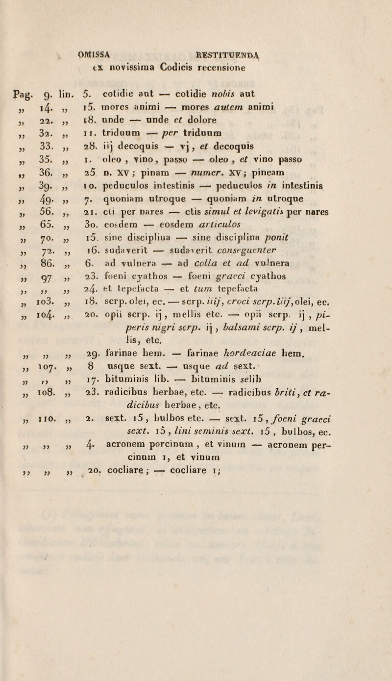 OMISSA REST1TURNI>4 lX novissima Codicis recensione Pag- 9- lin. 5. colidie ani — cotidie nohis aut V i4- 99 i5. inores animi — mores avtem animi )> 22. 99 18. onde — onde et dolore 9} 32. 99 11. tridnam — per tridnam 99 33. 99 28. iij decoquis — et decoqnis V 35. 99 I. oleo , vino, passo — oleo , et vino passo *9 36. 99 25 n. XV ; pinam — numer. XV ; pine.im 99 39. 99 10. peducalos intestinis peduculos in intestinis 9ì 49- 99 7- quoniam utroque — quoniara in utroqne 9f 56. 99 21. eli per nares — ctis simul et levigali}, per nares 99 65. 99 3o. eo^dem — eosdem arliculos 9) 70. 99 i5. sine disciplina — sine disciplina ponit 99 72. 99 i6. sndaverit — snda\erit conseguenter 99 86. 99 6. ad vulnera — ad colla et ad vulnera 99 97 99 23. fueni cyathos — foeni graeci cyatbos 99 99 24. et fepet'acta — et lurn tepefacta 99 io3. 99 18. serp. olei, ec. — serp. m/, croci scryo. iV/y, olei, ec. 99 104. 99 20. opii serp. ij, mellis etc. — opii .serp. ij , pi- peris nigri serp. ij , balsami serp. ij , mel¬ lis, eie. 99 j> 99 29. l'arinae hem. — farinae liordeaciae hem. 99 107. 99 8 usqne sext. —. nsque ad sext. 99 99 '7- bitumiuis lib. —. biluminis selib 99 108. 99 23. radicibus herbae, etc. — radicibns hriti, et ra- dicibus herbae, etc. 99 I IO. 99 2. sext. »5, bulbos etc. — sext. , foeni graeci sext. i5 , lini seminis sext. i5 , bulbos, ec. 99 99 99 4- acronera porcinum , et vinnm — acronem per- cinum I, et vinnm 99 99 99 20. codiare; — codiare i;