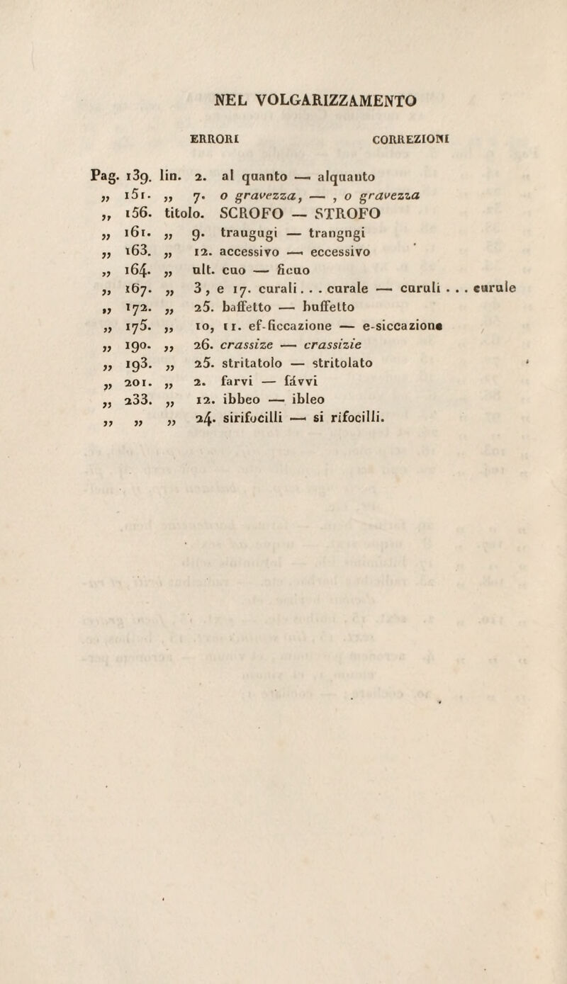 NEL VOLGARIZZAMENTO ERRORI CORREZIOMI Pag. i3g. lia. 2. al quanto —■ alquanto i5i. 7- 0 gravezza, — , 0 gravezza i56. titolo. SCROFO — STROFO i6i. yy 9- trangugi — trangugi i63. yy 12. accessivo —■ eccessivo i64- yy alt. cuo — fieno ?> 167. yy 3, e 17. curali, . . corale — cnruli . . . curale •y 172. yy 25. baffelto — bnffelto » 175. yy IO, ir. ef-ficcazione — e-siccazion« jy 190. yy 26. crassize — crassizie yy 193. yy 25. stritatolo — stritolato yy 201. yy 2. farvi — fivvi yy 233. yy 12. ibbeo — ibleo yy » yy 24. sirifucilli •— si rifocilli.