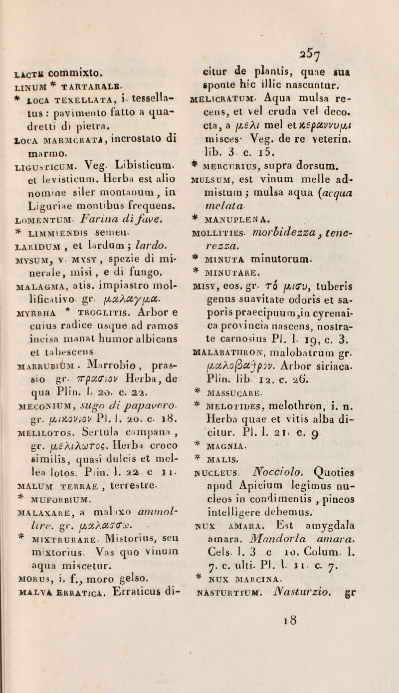 LicTii commixto. LINUM * TARTARALK. * tOCA TEXELLATA, ì- tCSSclla- tus : pavimento latto a qua¬ dretti di pietra. loiA marmchata , incrostato di marmo. iigusticum. Veg- Libisticum. et levisticum. Herba est alio nomme siler montaiium , in Liguriae raontibus frequens. lomentum. Farina di fave. * LIMMIENDIS seilieu- LAuiDUM , et lardoni lardo. MYSUM, V MYSY , Spezie di mi¬ nerale, misi , e di fungo. maLAgma, alis. impiastro mol- lificativo gr. ixxXocyixcx.. MYRRHA * TROGLITIS. Arbor 6 cuius radice usque ad ramos incisa nianat huinor albicans et tahescens m.\rrubiiIjm . Ma rrobio , pras- 6Ìo gr. 7rpx(nov Herba, de qua Plin. 1. 2o. c. 22. AiEcoi«iUM, sugo di papavero- gr. jXlKOVlOV Pi. 1. 20. c. 18. MELiLOTOS. Sertula c.impan.i , gr. jXSÀlÀ'jOTOQ. Herba croco similis, quasi dulcis et mel¬ ica lotos. Plin. 1. 212 c li. malum terrae , terrestre. * MUFORBIUM. MALAXARE, a mal ixo oniinol- Lirr. gr. jXXÀ0i7(TX'. * MiXTRURARE. Mistorius, seu mixtorius. Vas quo vinum aqua miscetur. MORus, i. f._, moro gelso. MALVA erratica. Erraticiis di- 257 cilur de plantis, quae sua sponte hic illic nascuntur. melicratum. Aqua mulsa re- cens, et vel cruda vel deco. età, a jxsXi mel elKSpa.vvujj!.t misces- Veg. de re veleria, lib. 3 c. i5, * MERCTiRius, sopra dorsum. MULSUM, est vinum melle ad- mistum j mulsa aqua {acqua melata * MANUPLEi'JA. MOLLiTiEs. morbidezza f tene¬ rezza. * MINUTA minulorum. MINUTARE. MisY, eos. gr. ró [xtcv, tuberis genus suavitate odoris et sa- poris praecipuum,in cyrenai- ca provincia nascens, nostra- te carnosius PI. 1. ig, c. 3. mal.abatiiron, ma!ob.atrum gr. jXxXo^oi-jpov. Arbor siriaca. Plin. lib I 2. c. 20. * massucare. * MELOTiuEs, raelothron, i. n. Herba quae et vitis alba di- citur. PI. 1. 21. c. 9 * MAGNIA. * MALIS. NUCLEUS. Nocciolo. QuoticS apud Apicium legimus nu- cleos in condi mentis , pineos intelligere debemus. NUX AMARA. Est nmygdala amara. Mandorla amai-a. Cels 1. 3 c 10. Coloni. 1. 7. c. ulti. PI. l. Il- c. 7. ^ NUX MARGINA. NAsTURTiUM. Nasturzio, gr 18