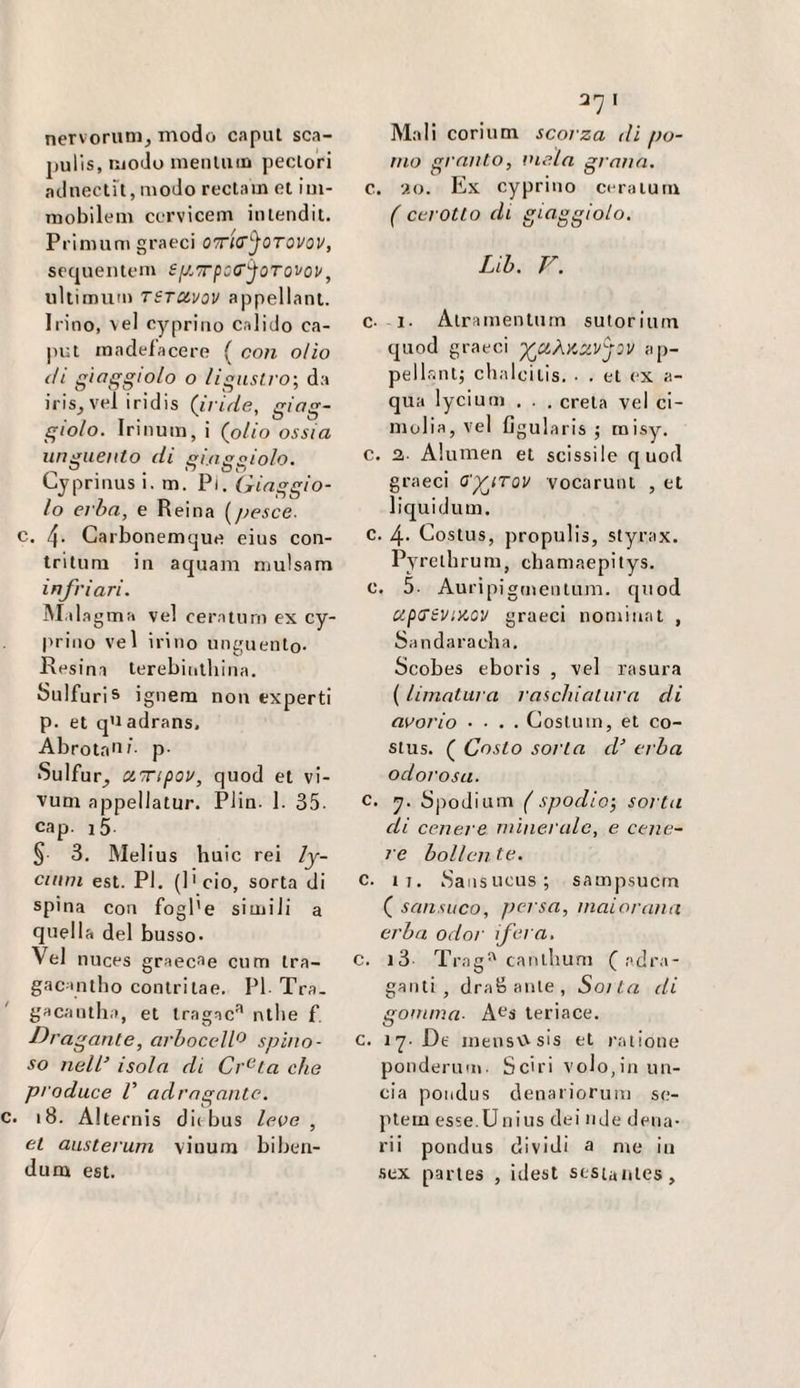 nervornni, modo caput sca- pulis, modo menluin peclori aclnectit, modo reclam et iui- rnobilem ccrvicem iiilendit. Prinnifu graeci ottkT^otovov, secjuentom sy^TT^C^oTovov, ullimum TSTCivov appellarli. Irino, \el cypriiio calido ca¬ put inaclel'acere ( con olio (h gioggtolo o lignstì'O-, da irisj vel iridis (iride, giag- gio/o. Irinuin, i (olio ossia uns^iiento di siapoiolo. Lyprmusi. m. Pi. (xinggio- lo erba, e Reina [pesce. c. 4- Garbonemque eius con- triluni in aquam ruulsam infriari. ai alagma vel ceraturn ex cy- prino vel irino unguento- Resina lerebinthina. bulfuris ignem non experti p. et qUadrans. Abrota'if- p- •Sulfur^ dTipov, quod et vi- vum appellatur. Plin. 1. 35- cap. i5 § 3. aielius buie rei ly- ciiini est. PI. (l'cio, sorta di spina con fogl'e simili a quella del busso- Vel nuces graecae cum Ira- gacintbo conlrilae. PI Tra. gacantha, et tragac'* ntlie f, J^i’agante, arhoceW^^ spino¬ so nell isola di Cr^ta che produce V adrngante. c. i8. Alternis dii bus lece , et aiisterum viuum biben- dum est. 271 Mali corium scorza di po¬ mo granto, mela grana. c. 20. Ex cyprino cera tura ( cerotto di giaggiolo. Lib. V. c- 1- Alrainentum sutoriurn quod graeci y^CiÀKS.vyov ap¬ pellante chalcilis. • . et ex a- qua lycium . . . creta vel ci- niolia, vel figularis j misy. c. a- Alumen et scissile quod graeci a'y^iTov vocaruni , et liquidimi. C. 4- Costus, propulis, styrax. Pyrelhrum, chamaepilys. c. 5- Auripiguienlum. quod upiTèViZOV graeci nominai , Sandaraclia. Scobes eboris , vel rasura ( limatura raichialura di avorio • ■ . . Cosilim, et co¬ stus. ( Costo sorta d’ erba odorosa. c. y. SpodiLim (spodio-, sorta di cenere minerale, e cene¬ re bollen te. c. IT. Sansucus; sampsucm ( sansuco, pei sa, inaiorana erba odor ifera, c. i3 Trag-'canthum (adra¬ ganti, draSanle, Soita di gomma- A^^s teriace. c. ly. De mensWsis et raiione ponderum. Sciri volo,in lin¬ cia poiidus denariorum se- plem esse.Unius dei ride dena¬ ri! pondus dividi a me in sex parles , idest sesiantes.