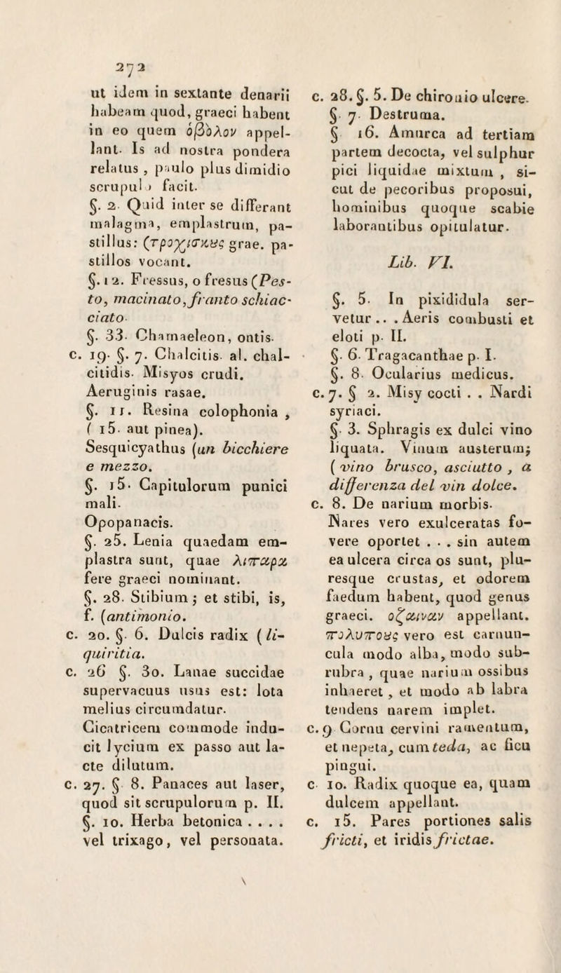 'l-jl ut iJem in sexlante denari! habea m quod, graeci habent in eo quem ó^oÀov appel- lanl- Is ad nostra pondera relalns , paulo plusdiinidio scrupu! I facit. §. 3 Quid iiiler se difTerant inalagma, emplastruin, pa- stillus; grae. pa* stillos vocant. 12. Fressus, o fresus (Pe5- to, macinato, franto schiac¬ ciato 33- Charnaeleon, ontis. c. 19. 7. Chalcitis al. chal- cilidis- Misyos crudi. Aeruginis rasae. IJ. Res ina colophonia , ( I5- aut pinea). Sesqnicyathns {un bicchiere e mezzo. 5. i5- Gapitulorum punici mali- Opopanacis. 25. Lenia quaedam em- plastra surit, quae ÀiTCipx fere graeci noininant. 28. Stibiuiu ; et stibi, is, f. {antimonio. c. 20. §• 6. Dulcis radix ( /t- quiritia. c. uG 3o. Lanae succidae supervacuus usus est: Iota melius circuindatur. Gicatriceni cotnmode indu- cit Jyciuni ex passo aut la- cte dilutum. c. 27. 5 8. Panaces aut laser, quod sit scrupulorum p. II. §. IO. Herba betonica .... vel trixago, vel persoiiata. c. 28. §. 5. De chiroiiio ulcere. § 7 Destruma. § 16. Ainurca ad tertiam partem decocta, velsulphur pici liquidae uaixiuiu , si- cut de pecoribus proposui, bominibus quoque scabie laborantibus opitulatur. Lib. FI. §. 5- In pixididula ser- vetur.. . Aeris coaibusli et eloti p. II. 6. Tragacanthae p- L §. 8 Ocularius uiedicus. c. 7. § 2. Misy cocti . . Nardi syriaci. §• 3. Spliragis ex dulci vino liquata, Viimin austeruiuj ( vino brusco, asciutto , a differenza del viti dolce. c. 8. De nariuui tuorbis. Nares vero exulceratas fo- vere oportet . . . sin autem ea ulcera circa os sunt, plu- resque crustas, et odoreni faeduin habent, quod genus graeci. o^ccivav appellant. TTJAuTToy? vero est carnun- cula (nodo alba, modo sub¬ rubra , quae nariuui ossibus inhaeret , et modo ab labra teiidens narem implet. c.9 Gornu cervini ramentum, et nepeta, cuinietirr, ac fica pingui. c IO. Radix quoque ea, quam dulcem appellant. c. i5. Pares portiones salis fricti, et ìriàìsfrìctae.