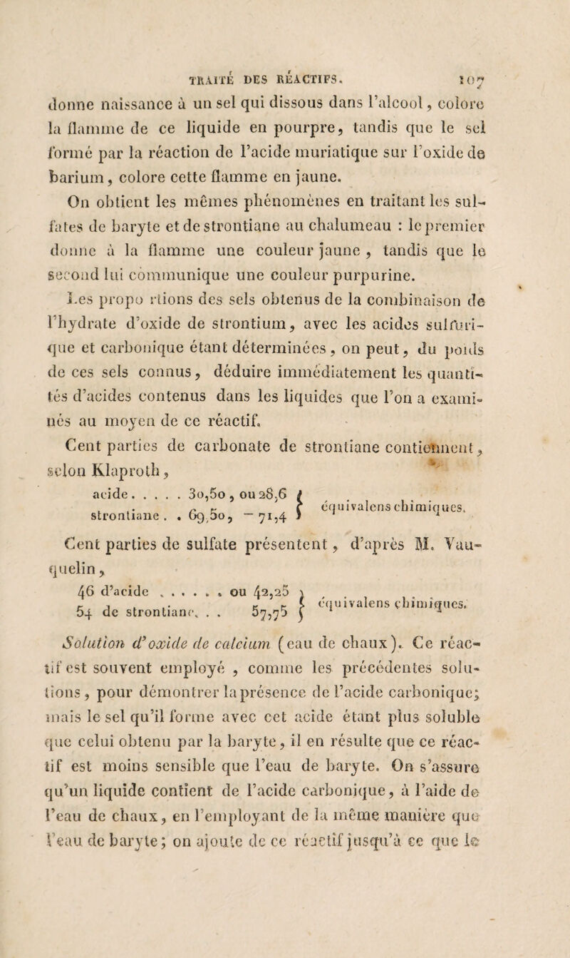 donne naissance à un sel qui dissous dans l’alcool, colore la flamme de ce liquide en pourpre, tandis que le sel formé par la réaction de l’acide muriatique sur l’oxide de barium, colore cette flamme en jaune. On obtient les mêmes phénomènes en traitant les sul¬ fates de baryte et de strontiane au chalumeau : le premier donne à la flamme une couleur jaune , tandis que le second lui communique une couleur purpurine. Les propo riions des sels obtenus de la combinaison de l’hydrate d’oxide de strontium, avec les acides sulfuri¬ que et carbonique étant déterminées, on peut, du poids de ces sels connus, déduire immédiatement les quanti¬ tés d’acides contenus dans les liquides que l’on a exami» nés au moyen de ce réactif. Cent parties de carbonate de strontiane contiennent, selon Klaprolh, acide.3o,5o, 01128,6 strontiane. . 69,80, — 71,4 équivalons chimiques. Cent parties de sulfate présentent, d’après M, Vau- quelin, 46 d’acide ...... ou 42,25 v r j c cr > équivalons chimiques. 04 de strontiane. . . 37,70 j Solation d’oxide de calcium (eau de chaux). Ce réac¬ tif est souvent employé , comme les précédentes solu¬ tions, pour démontrer la présence de l’acide carbonique; mais le sel qu’il forme avec cet acide étant plus soluble que celui obtenu par la baryte, il en résulte que ce réac¬ tif est moins sensible que l’eau de baryte. On s’assure qu’un liquide contient de l’acide carbonique, à l’aide de l’eau de chaux, en l’employant de la même manière que Veau de baryte; on ajoute de ce réactif jusqu’à ce que 1©