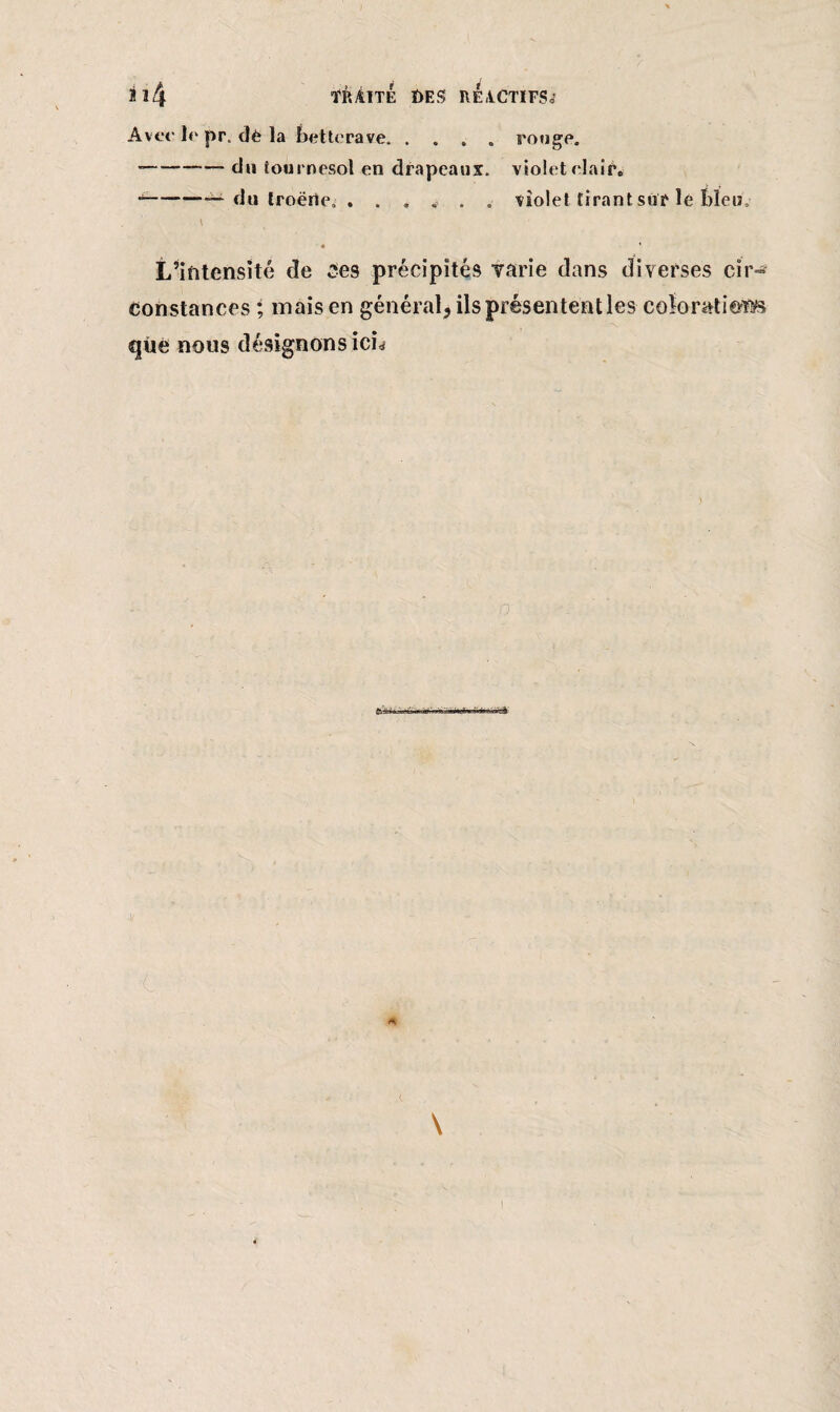 Avec le pr. dè la betterave.rouge. --du tournesol en drapeaux, violet clair» --— du troërte. . ..... violet tirant sur le bleu L’intensité de ces précipités Tarie dans diverses cir¬ constances ; mais en général, ils présentent les colorations qùé nous désignons icL