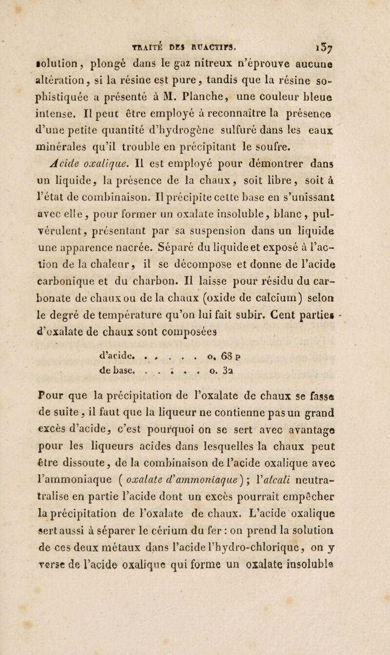 •olulion, plongé dans le gaz nitreux n’éprouve aucune altération, si la résine est pure, tandis que la résine so¬ phistiquée a présenté à M. Planche, une couleur bleue intense. Il peut être employé à reconnaître la présence d’une petite quantité d’hydrogène sulfuré dans les eaux minérales qu’il trouble en précipitant le soufre. Acide oxalique. Il est employé pour démontrer dans un liquide, la présence de la chaux, soit libre, soit à. l’état de combinaison. Il précipite cette base en s’unissant avec elle, pour former un oxalate insoluble, blanc, pul¬ vérulent, présentant par sa suspension dans un liquide une apparence nacrée. Séparé du liquide et exposé à l’ac¬ tion de la chaleur, il se décompose et donne de l’acide carbonique et du charbon. Il laisse pour résidu du car¬ bonate de chaux ou de la chaux (oxide de calcium) selon le degré de température qu’on lui fait subir. Cent parties - d’oxalate de chaux sont composées d’acide. . . . . . o, 68 p \ de base. . . ; . . o. 3a Pour que la précipitation de l’oxalate de chaux se fasse de suite, il faut que la liqueur ne contienne pas un grand excès d’acide, c’est pourquoi on se sert avec avantage pour les liqueurs acides dans lesquelles la chaux peut être dissoute, de la combinaison de l’acide oxalique avec l’ammoniaque [oxalate cC ammoniaque)’; Y alcali neutra- tralise en partie l’acide dont un excès pourrait empêcher la précipitation de l’oxalate de chaux. L’acide oxalique sert aussi à séparer le cérium du fer : on prend la solution de ces deux métaux dans l’acide l’hydro-chlorique, on y verse de l’acide oxalique qui forme un oxalate insoluble