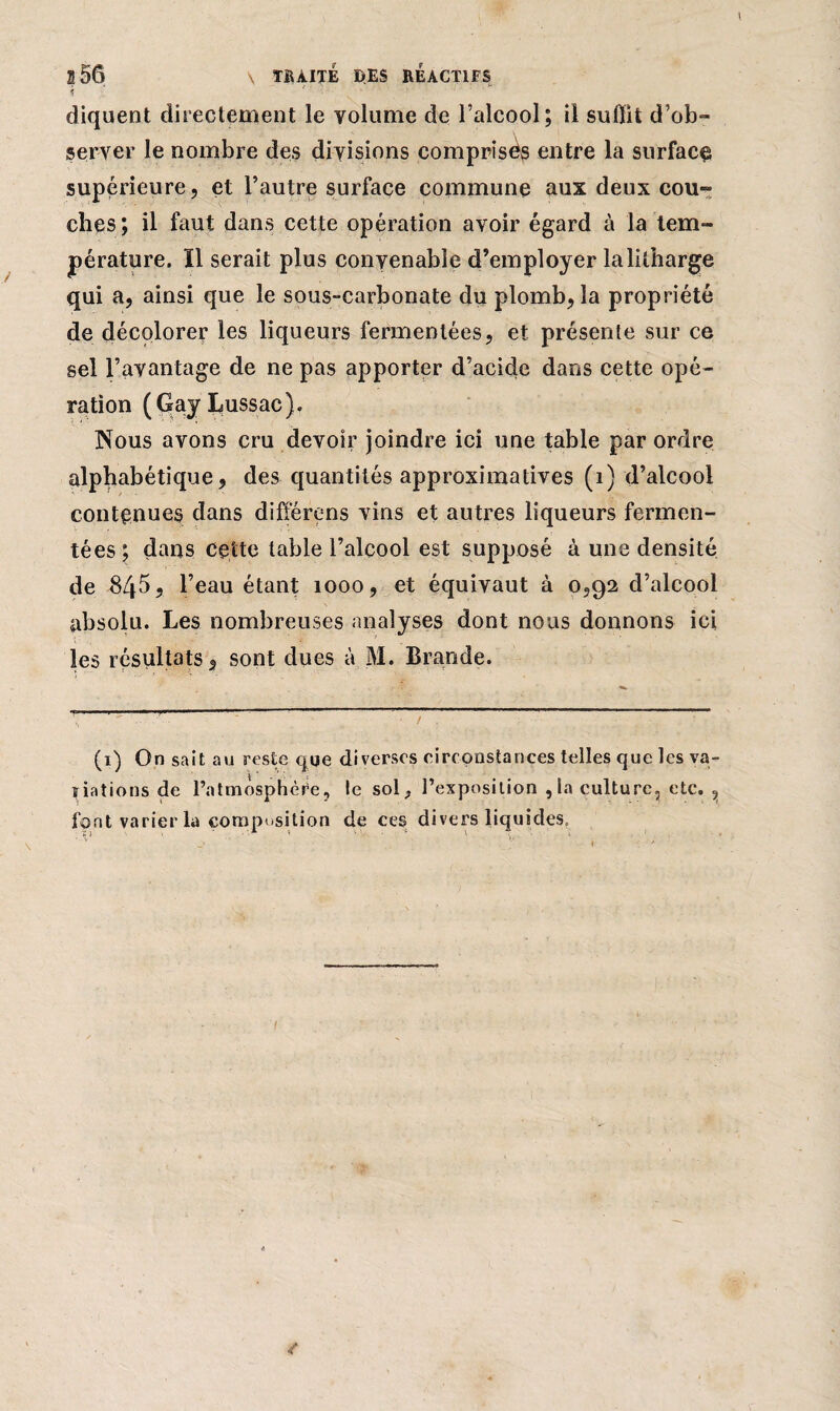 î * '• • ' diquent directement le volume de l’alcool; il suflit d’ob- server le nombre des divisions comprises entre la surface supérieure, et l’autre surface commune aux deux cou» ches ; il faut dans cette opération avoir égard à la tem¬ pérature. Il serait plus convenable d’employer lalilharge qui a, ainsi que le sous-carbonate du plomb, la propriété de décolorer les liqueurs fermentées, et présente sur ce sel l’avantage de ne pas apporter d’acide dans cette opé¬ ration (GayLussac). Nous avons cru devoir joindre ici une table par ordre alphabétique, des quantités approximatives (1) d’alcool contenues dans différons vins et autres liqueurs fermen¬ tées; dans cette table l’alcool est supposé à une densité de 845, l’eau étant 1000, et équivaut à 0,92 d’alcool absolu. Les nombreuses analyses dont nous donnons ici les résultats, sont dues à M. Brande. (x) On sait au reste que diverses circonstances telles que les va¬ riations de l’atmosphère, le sol,, l’exposition ,1a culture, etc. 9 font varier la composition de ces divers liquides.
