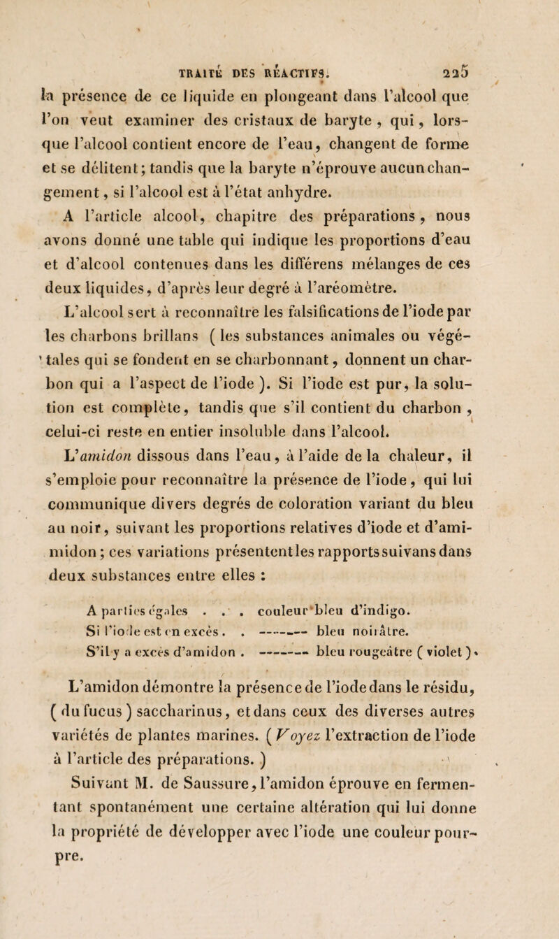 la présence de ce liquide en plongeant dans l’alcool que l’on veut examiner des cristaux de baryte , qui, lors¬ que l’alcool contient encore de l’eau, changent de forme \ et se délitent; tandis que la baryte n’éprouve aucun chan¬ gement , si l’alcool est à l’état anhydre. A l’article alcool, chapitre des préparations, nou3 avons donné une table qui indique les proportions d’eau et d’alcool contenues dans les différens mélanges de ces deux liquides, d’après leur degré à l’aréomètre. L’alcool sert à reconnaître les falsifications de l’iode par les charbons brillans ( les substances animales ou végé- 1 taies qui se fondent en se charbonnant, donnent un char¬ bon qui a l’aspect de l’iode ). Si l’iode est pur, la solu¬ tion est complète, tandis que s’il contient du charbon , * celui-ci reste en entier insoluble dans l’alcool. L'amidon dissous dans l’eau, à l’aide delà chaleur, il s’emploie pour reconnaître la présence de l’iode, qui lui communique divers degrés de coloration variant du bleu au noir, suivant les proportions relatives d’iode et d’arni- midon;ces variations présententlesrapportssuivansdans deux substances entre elles : A parties égales . . , couleur‘bleu d’indigo. Si l’iode est < n excès . . --— bleu noirâtre. S’il y a excès d’amidon . -- bleu rougeâtre ( violet)» L’amidon démontre la présence de l’iode dans le résidu, ( du fucus ) saccharinus, et dans ceux des diverses autres variétés de plantes marines. ( Voyez l’extraction de l’iode à l’article des préparations. ) • ' Suivant M. de Saussure, l’amidon éprouve en fermen¬ tant spontanément une certaine altération qui lui donne la propriété de développer avec l’iode une couleur pour¬ pre.