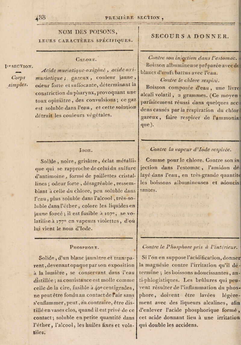 PREMIÈRE SECTION , NOM DES POISONS > LEURS CARACTÈRES SPECIFIQUES. SECOURS A DONNER. Chlore. Ire SECTION. , . . Acide murïatique-oxigenè , acide oxi- Corps muriatique; gazeux, couleur jaune, simples. odeur forte et suffocante, déterminant la coustriction du pharynx, provoquant une toux opiniâtre, des convulsions ; ce gaz est soluble dans l’eau , et cette solution détruit les couleurs végétales. Iode. Solide , noire, grisâtre, éclat métalli¬ que qui se rapproche de celui du sulfure d’antimoine , formé de paillettes cristal¬ lines ; odeur forte , désagréable, ressem¬ blant à celle du chlox*e, peu soluble dans l’eau, plus soluble dans l’alcool , ti’ès-so- lubie dans l’éther , colore les liquides en jaune foncé -, il est fusible à 1070, se vo¬ latilise à 1770 en vapeurs violettes , d’où lui vient le nom d’iode. Phosphoee. --—- Contre son injection dans Vestomac. Boisson albumineuse préparée avec de blancs d’œufs battus avec Peau. Contre le chlore respiré. Boisson composée d’eau, une livre alcali volatil, 2 grammes. (Ce moyen parfaitement réussi dans quelques acc tiens causés par la respiration du chlor gazeux, faire respirer de l’ammonia que). Contre la vapeur d’iode respirée. Comme pour le chlore. Contre son in jection dans l’estomac, l’amidon dé layé dans l’eau, en très-grande quantité les boissons albumineuses et adoucis santés. Contre le Phosphore pris à l’intérieur. 1 Solide , d’un blanc jaunâtre et transpa¬ rent , devenant opaque par son exposition à la lumière , se conservant dans l’eau distillée ; sa consistance est molle comme celle de la cire, fusible à 400 centigrades, ne peut être fondu au contact de Pair sans s’enflammer, peut, au contraire, être dis¬ tillé envases clos, quand il est privé de ce contact; soluble en petite quantité dans l’éther, l’alcool, les huiles lixes et vola¬ tile s. Si l’on en suppose l’acidification, donner la magnésie contre l’irritation qu’il dé- , <1 termine ; les boissons adoucissantes, an- ti-plilogistiques. Les brûlures qui peu¬ vent résulter de l’inflammation du phos¬ phore, doivent être lavées légère¬ ment avec des liqueurs alcalines, alin d’enlever l’acide phospliorique formé , cet acide donnant lieu à une irritation qui double les accidens.