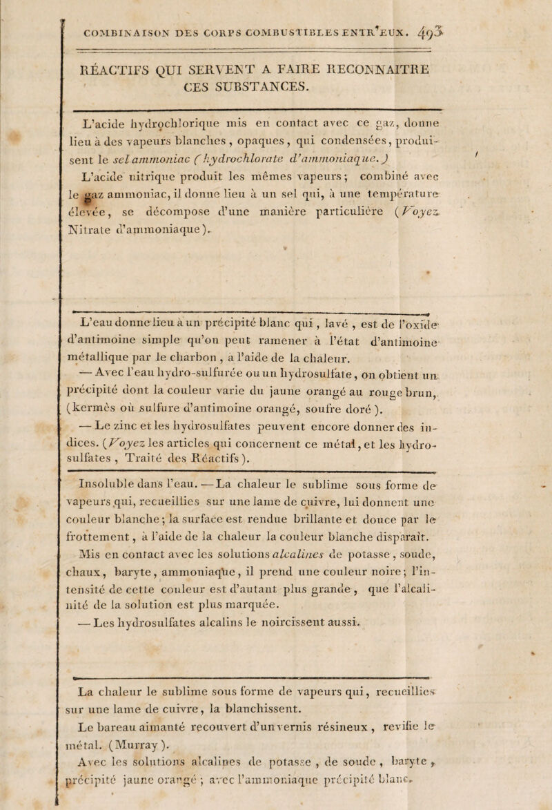 RÉACTIFS QUI SERVENT A FAIRE RECONNAITRE CES SUBSTANCES. L’acide hydrocklorique mis en contact avec ce gaz, donne lieu à des vapeurs Blanches , opaques, qui condensées, produi¬ sent le sel ammoniac (hydrochlorate d'ammoniaque. J L’acide nitrique produit les mêmes vapeurs ; combiné avec le gaz ammoniac, il donne lieu à un sel qui, à une température élevée, se décompose d’une manière particulière ( Voyez, Nitrate d’ammoniaque).. L’eau donne lieu à un précipité blanc qui, lavé , est de l’oxide d’antimoine simple qu’on peut ramener à l’état d’antimoine métallique par le charbon , a l’aide de la chaleur. — Avec l'eau liydro-sulfurée ou un hydrosulfate, on obtient un précipité dont la couleur varie du jaune orangé au rouge brun, (kermès où sulfure d’antimoine orangé, soufre doré ). — Le zinc et les hydrosulfates peuvent encore donner des in¬ dices. {Voyez les articles qui concernent ce métal, et les liydro- sulfates , Traité des Réactifs). Insoluble dans l’eau. —La chaleur le sublime sous forme de vapeurs qui, recueillies sur une lame de cuivre, lui donnent une couleur blanche ; la surface est rendue brillante et douce par le frottement, à l’aide de la chaleur la couleur blanche disparait. Mis en contact avec les solutions alcalines de potasse , soude, chaux, baryte, ammoniaque, il prend une couleur noire; l’in¬ tensité de cette couleur est d’autant plus grande , que l’alcali¬ nité de la solution est plus marquée. — Les hydrosulfates alcalins le noircissent aussi. La chaleur le sublime sous forme de vapeurs qui, recueillies sur une lame de cuivre, la blanchissent. Le bareau aimanté recouvert d’un vernis résineux, revilie le métal. (Murray). Avec les solutions alcalines de potasse , de soude , baryte , précipité jaune orangé ; avec l’ammoniaque précipité blanc-