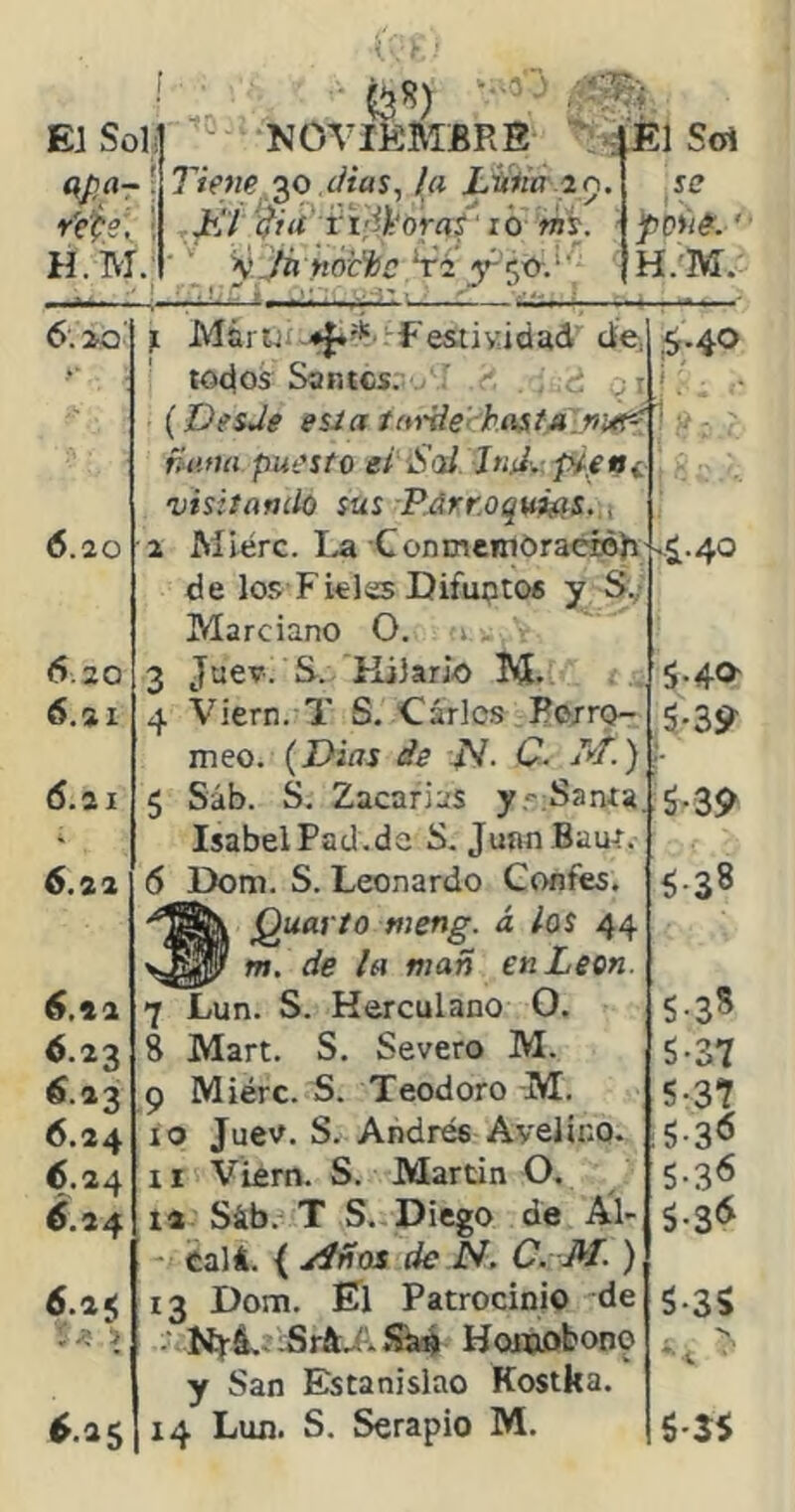 te«) El So lij NOVIlsaiBRS '«i J?1 Sol <?/?<»- ! Tiene 2,^ dias, la Littta 20. se r'e'^e. Kl di(t ^^-oraS '16 rns. • í H.M .' ■ ' \\/á nóc'i¡c Vi i Í.M.: 6.>q f Mártji ♦{♦^-^fesuvidad de, .$•40 todos Santos. - : c I t (Desde esJa tarde' hasfaLniet^ ñaua puesto ei S'sl. Jnd.-.plent visitanilo sus Rárroqums. , 6.20 2 Mlérc. ConmemOraeíoJi .,¿.40 de los Fieles Difuntos y S.; Marciano 0. 1 . 6.20 3 Juev. S. Hilario M. 5-40' 6.21 4 Viern. T S. Caries Porro- 5-3^ meo. (Dias de C. T4.') i- 6.21 5 Sáb. S. Zacarías y'• Santa. S-3S> - Isabel Pad.da S. Junn Baut. 6.22 6 Dom. S. Leonardo Confes. Ca> 00 Quarto mertff. á los 44 m. de la mañ en León. 6.22 7 Lun. S. Herculano 0. 5-35 6.23 8 Mart. S. Severo M. S-37 6.23 Q Miérc. S. Teodoro M. 5-37 6.24 10 Juev. S. Andrés Avelíno. 5-3<5 6.24 11 Viern. S. Martin O, S-3<5 6.24 12 Sáb. T S. Diego de Al- á-3<^ ealá. { .eiños de JS, C. M. ) 6.2^ 13 Dom. El Patrocinio de S-3S ■ Nrá.. :Sr&..í.íia^ Hotoobono ■s y San Estanislao Kostka. 6.25 14 Lun. S. Serapio M. 535