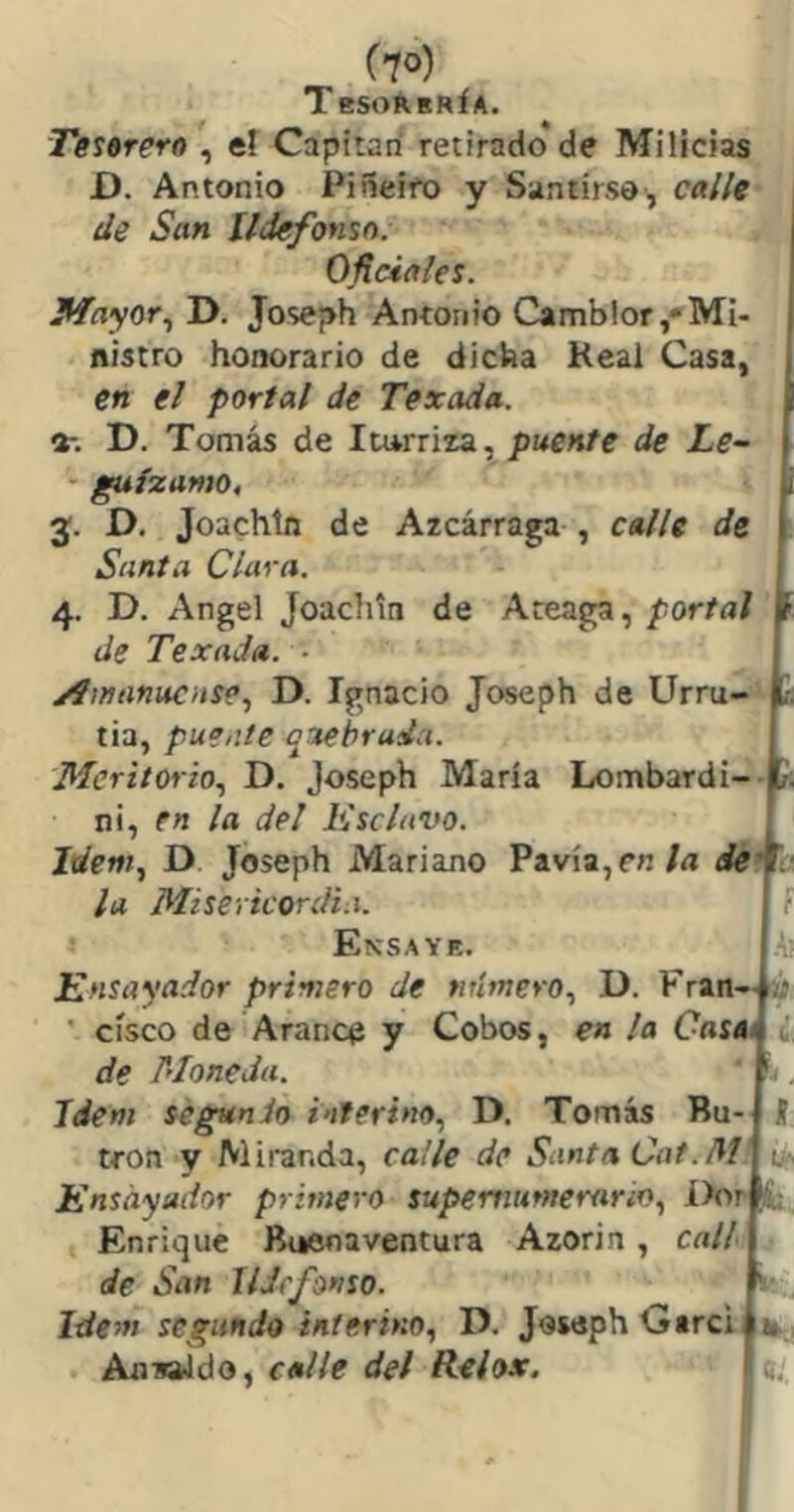 (10) Tesorería. Teserero , el Capitán retirado de Milicias D. Antonio Piileiro y Santírse-, ca//e de San Udefonsn: Oficiales. Mayor., D. Joseph Antonio Camblor/Mi- nistro honorario de dicha Real Casa, en el portal de Texada. a-. D. Tomás de Iturriza, puente de Le- gufzamo, 3. D. Joachln de Azcárraga , calle de Santa Clara. 4. D. Angel Joaclitn de Ateaga, portal de Texada. • ySintinucíts?., D. Ignacio Joseph de Urru- tia, pueate quebrada. Meritorio., D. Joseph María Lombardí- ni, en la del Esclavo. Idem., D Joseph Mariano Pavía, en/n de la Misericordi.i. Ensaye. Ensayador primero de número., D. Fran— ' CISCO de Arance y Cobos, en ¡a Casta de Moneda. Idem segúnío interino, D. Tomás Bu- trón y Miranda, ca'le de Santa Cat.M Ensayador primero supernumerario, Dor Enrique Buenaventura Azorin , cali de San Ildefonso. Idem segundo ínterino, D. Joseph Gtrci Anaaido, calle del Relox, O'