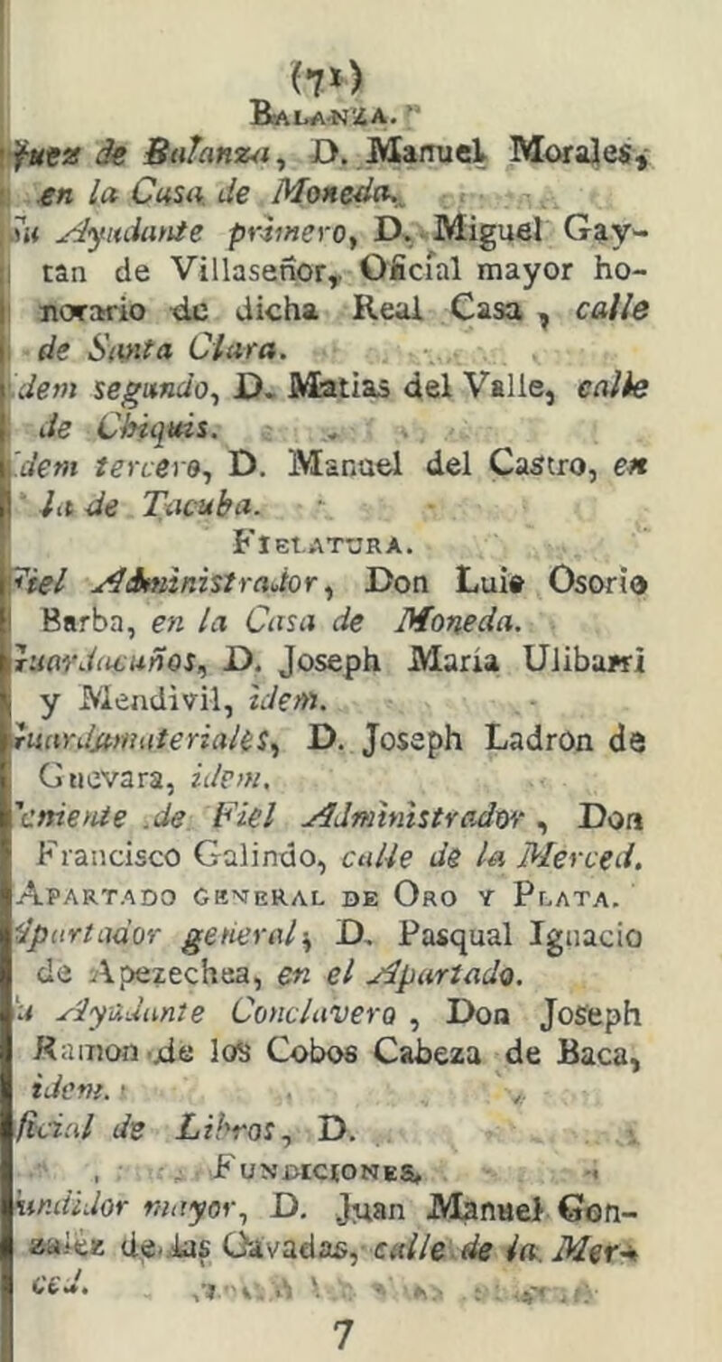 (7») 1 Bai.a-nsía. »* de Bahnza^ D. Manuel Morales^ |i ín ¡a Cusa, de M.oneda,.. 'm jdjiidatvte primerOy D. -Miguel Gay- I tan de Villasenor,. Oficial mayor ho- 1 Horario de dicha Real Casa , calle I de Soiita Ciara. ~dem segando., O- Matías del Valle, ealie de CMqais. ’dem terceve., D. Manuel del Castro, en ia de Tacaba. FlGt.ATURA. \7iel AdministradorDon Luie Osorio Barba, en la Casa de Moneda, ruardwuños,, D. Joseph María Uiibawi y Mendivil, Idem. ruardjfmtiterialéSy D. Joseph Ladrón de Guevara, idp>n, 'cnietUe .de Fiel Administrador, Don Francisco Galindo, calle de la Merced. Apartado gb’veral qe Oro y Plata. apartador general:, D, Pasqual Ignacio de Apezechea, en el Apartado. U Ayudante Conclavero , Don JoSeph Ramón jde los Cobos Cabeza de Baca, Idem. ■ ficial de Libros., D. ■. Fundiciones, ’undldor mayor., D. J^an Manuel Gon- eaiee de(,ias Óívaáas,- calle de la. Mer^* 7