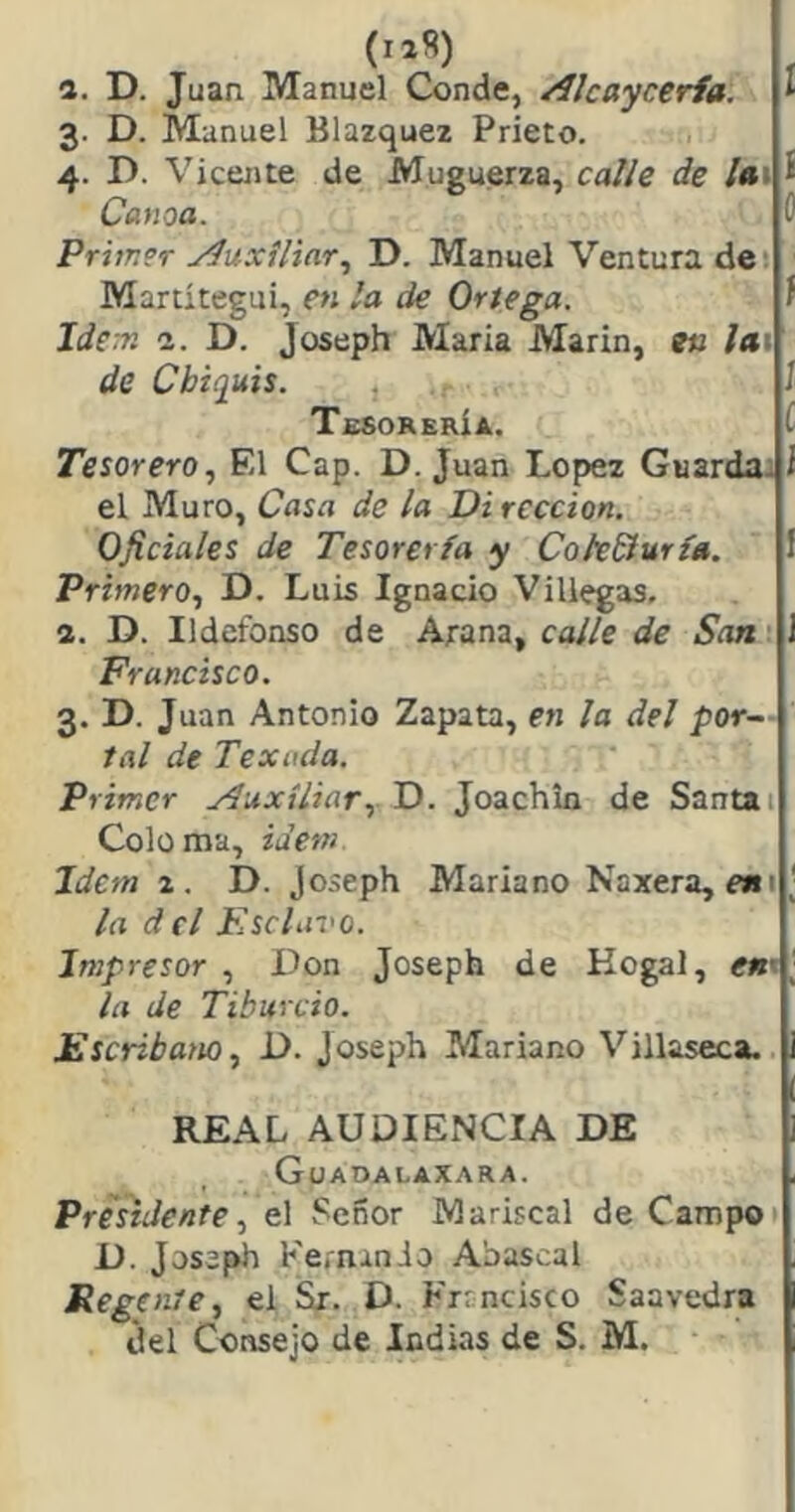 (iiS) a. D. Juan Manuel Conde, /ílcaycería. 3. D. Manuel Blazquez Prieto. 4. D. Vicente de Muguerza, calle de lux Canoa. Primer y^uxfliar., D. Manuel Ventura der Marcitegui, en la de Ortega. Idem 2. D. Joseph María Marín, en Jai de Chiquis. Tesorería. Tesorero, El Cap. D. Juan López Guarda: el Muro, Casa de la Di rcccion. Oficiales de Tesorería y Cok&uría. Primero, D. Luis Ignacio Villegas, a. D. Ildefonso de Arana, calle de San Francisco. 3. D. Juan Antonio Zapata, en la del por- tal de Texiida. Primer yíuxíliar, D. Joachin de Santa i Coloma, ia’em Idem 2. D. Joseph Mariano Naxera, «11 ^ la del Fscliio'O. Impresor , Don Joseph de Kogal, enx la de Tiburcio. Escribano, D. joseph Mariano Villaseca. REAL AUDIENCIA DE Guadalaxara. Presidente, el Señor Mariscal de Campo» D. Joseph Kernanio Abascal Regente, el Sr. D. Francisco Saavedra del Consejo de Indias de S. M,