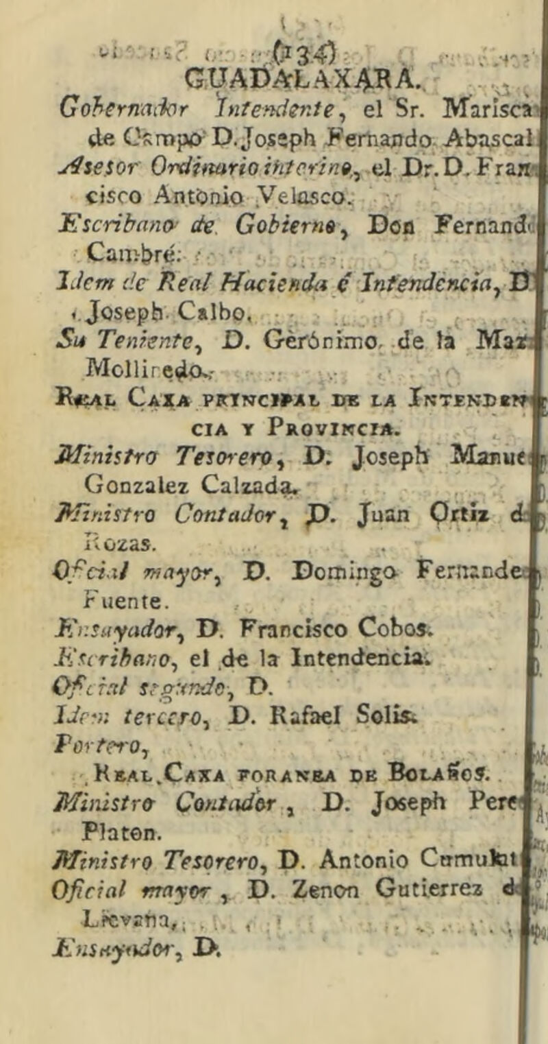 u; í i? 0^34) ;•/ GUADALAXT^BA. . Gohemaiior Intendente^ el Sr. Marlsc»5 Ue Csropír D.Jossph jKertiapdo. Abarca! Aietor OvdimñoiMcrine,^ xX Dr.D. FraKi cisco Antbnio .Velüsco. Escribano- de. Gobierna^ Dofl Fernandt Can>bré; y ■ Idem de Real Haciendit c Intendencia^ U . Josepb Galbo, Su Teniente^ D. Gerónimo, de la Mats Molliredo^- R«al Caía pkincíMl de la Intendew CIA Y Provincia. Ministro Tesonero ^ D. Joseph Manue: González Calzad^ Ministra Contador ^ J?. Juan Qrtíz é i\OZd5. Oficial mayor^ D. Dominga Fernandcí i Fuente. I Ensayador^ D. Francisco Cobo». ^ Escribano, el de la Intendencia. ^ Ofcial stgunde, D. Idem tercero, D. Rafael Soli»¿ Tortero, ^ KeAL.CiHIA VORANrEA DE BoLAÍfo». ^ Miiústro Contador, D. Joseph Pere< Platón. Ministro Tesorero, D. Antonio Cnmulot Oficial mayor , D. Zenon Gutiérrez A Lrevana,, . , > • Ensayador-, D.