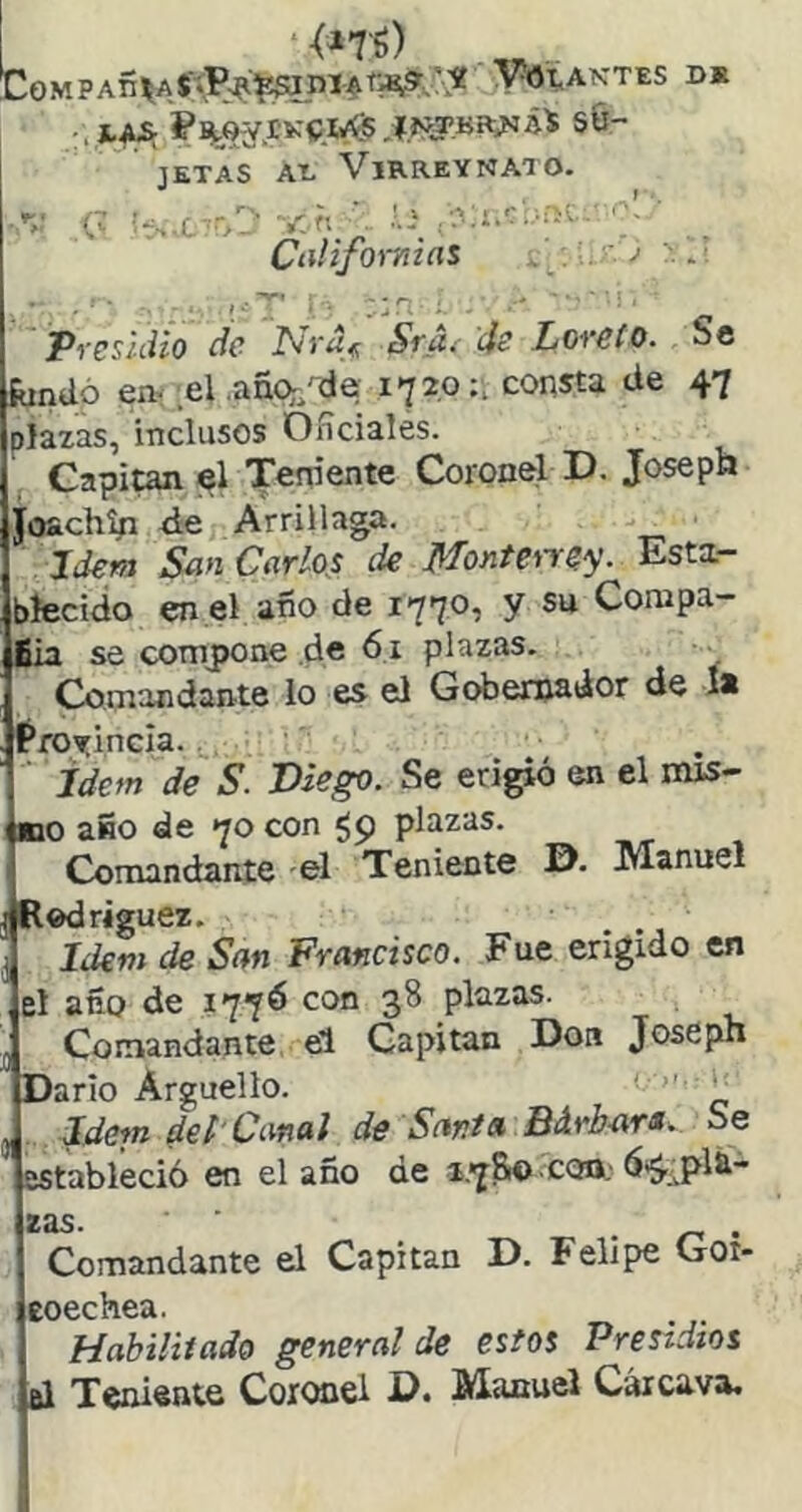 ‘ . „ „ EGMPAÍÍ|A$‘íJ^^'^niAt^A^ VóT^AKTES D« .. j,a5: ^íiíTBaiNÁ^ SU- I ]ETAS AI. VlRREYNAlO. -n: <v ■■^•ñ ; í.i , Caüfowins . ' . ■ ^ ■ C Presidio de iVr4« Sfu¿ ds Loveto. oc fondo en-: :el .añor/de 1720:, consta de 47 plazas, inclusos OHciales. Capim el Teniente Coronel D. Joseph Joach^ áe Arrillaga, Idem San Carióos de Monterye'^. Esta- blecido en e! año de 1770, y su Corapa- fiia se compone de 61 plazas. Comandante lo es el Gobernador de la ^roTÍncIa.. idtm de S. Diego. Se erigió en el nus- I Bjo afio de 70 con ¿9 plazas. Comandante -el Teniente ©. Manuel Rodríguez. • .1 Idem de San Francisco. Fue erigido en el año de 1776 con 38 plazas. Comandante el Capitán Don Joseph Darío Arguello. ' _ ^. Idem de {'Canal de Sania Bdrb-ara^ Se estableció en el ano de 1.7S© con.- ó*5.;pi&- zas. Comandante el Capitán D. Felipe Got- eoechea. Habilitado general de estos Presidios ai Teniente Coronel D. Manuel Cárcava.