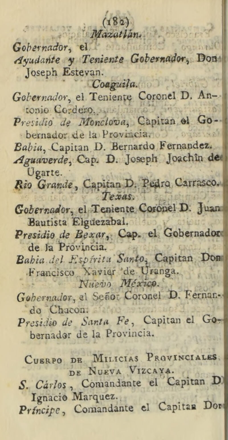 ' MazutlÁn4 Gobernador^ el t. /lyudante y Teniente Gobernador^ Don; Joseph Estevan. Coaguüa. I Gobernoiior^ el Tenienw Coronel D, An- tonio Cordero,. VreúJió de Mondo^a^ Cüpitan ol Go-- bernador de !a Proviiicia, 1 Babiu^ Capitán D. Bernardo Fernandez; Aguaverde^ Cap. D. Joseph Joachlo de-' Ügarte. líio Grande^ Capitán.D. ^cjirQ Carraco,, Texas. GoberrMdor., el Teniente Coafónél D. 3^“^ Bautista Elgilezabal. Presidio de Bexar^ Cap. el Gobernadon de Ja Provincia. Bahía del Tbsp/rilít Sanio y Capitán Doa Francisco . XavÍQ|r'de ;lTranga. Nuevo Mpx^. Gobernador., al Señor Coronel D. Fernán* do Chacón. Presidio de Santa Fe, Capitán el Gor- bernador de la Provincia. CuKRPO DE Mii.ICIAS PROVINCIALES DE Nueva Vizcaya. S. Carlos, Comandante el Capitán Ignacio Márquez., Príncij'C, Comandante el Capitaa Dor