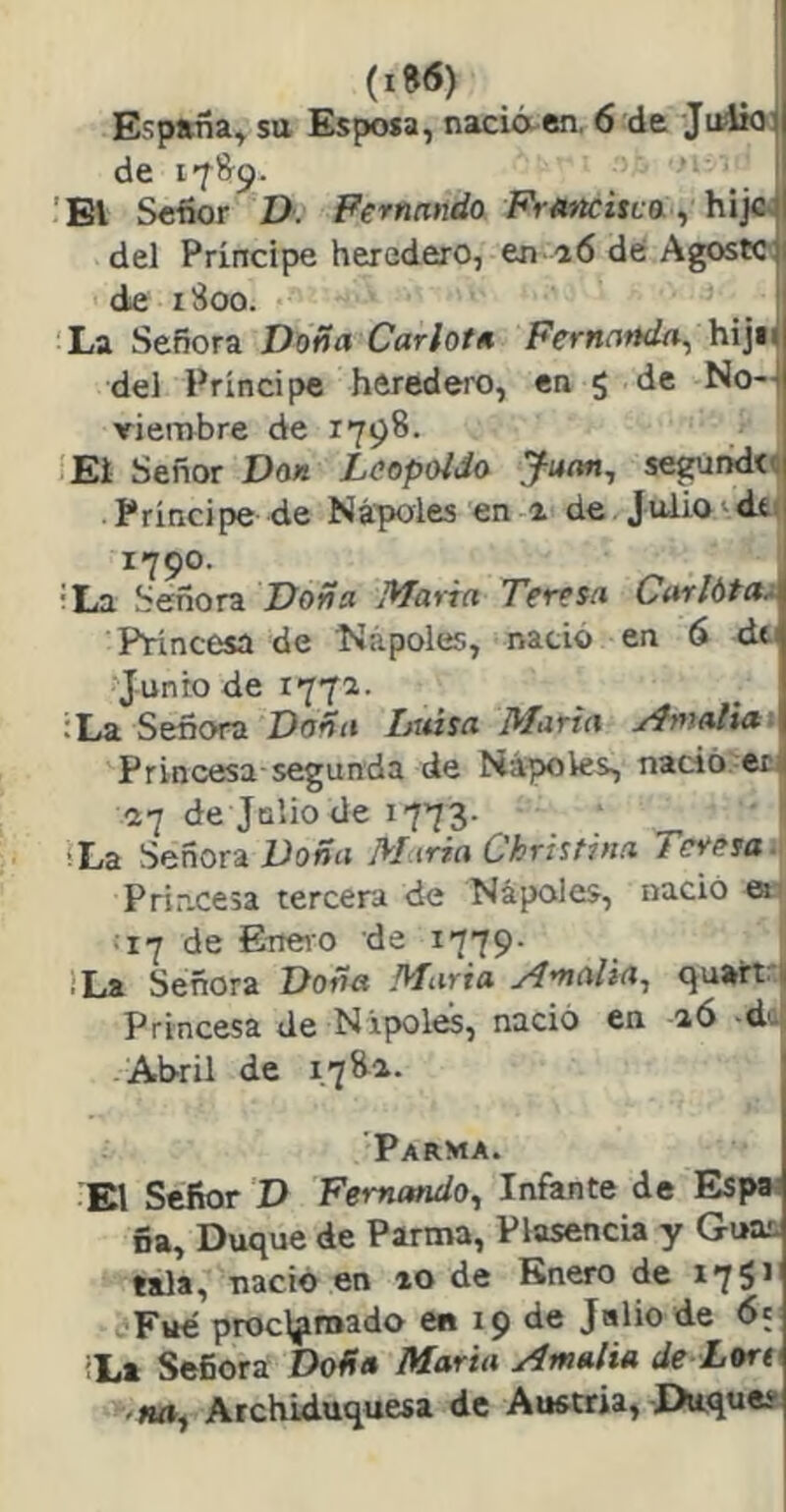 España^ sa Esposa, nacieren. 6 de Julioi de it&p- ’Bl Señor V. Femando Fr<»«c¿ít.a, hijeJ del Príncipe heredero, en 16 de Agoste j de i3oo. La Señora Doña Carlota Fernanda^ hijii del Príncipe heredero, en 5 ‘i* No—I viembre de 1798. Ei Señor Don Leopoldo Jacm^ seg-andífl Príncipe de Ñápales en a de julio‘dtr 1790. , ■La Señora Doña Icaria Teresa Carlbta* Princesa de Ñapóles, nació en 6 dti Junioder77a. ;La Señora Doña Liása Marta yfmalia- Princesa segunda de Nápoks, nació. erl 27 de Jnlio de 1773- I ¡La Señora Doña Miria Christina Teresa- Príp-cesa tercera de Nápoles, nació 17 de Eneio de i779- ¡La Señora Doña Marta jL'nñlia., <^uart. ü Princesa de Ñipóles, nació en aó -d'., -Abril de 1,78a- ’Parma. El Señor D Femando^ Infante de Esp»i ña. Duque de Parma, Plasencia y Guas tala, nació en 10 de Enero de 17 Fue proclamado en 19 de Jalio de 65 ¡L» Señora Doña Marta Amalia de Lort Archiduquesa de Austria, Duque?