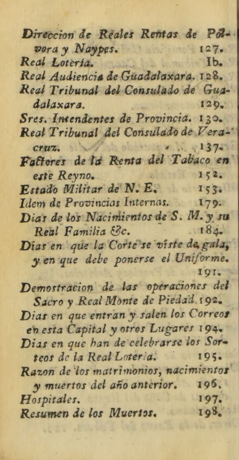 voray Nay^s. la?» Reai Lotéría, Ib« Real Audiencia de Guadalaxara. 128. Real Tribunal del Consulado de Gua- dalaxara. 129. Sres. Intendentes de Provincia. 130. Real Tribunal del Consulado de Vera- crttz. ' .• -, *57- Pañores de Ict Renta del Tabaco en este Reyno. 15*» Estado Militar de N. E, Idem de Provincias internas. 179. Dias de los NacirAientos de S. M.y su Real Familia &c. *84, Dias en ^ue la Corte se viste dtí^aljf y en que debe ponerse el Uniforme, igt- Demostración de las operaciones del Sacro y Reai Monte de Piedad. 192» Diat en que entran y salen tos Correos eh esta Capital y otros Lugares 194, Dias en que han de celebrarse los Sor^ feos de la Real Lotería. i9S» Razón de ios matrimonios, nacimientos y muertos del año anterior, 195. Hospitales. 197» Resumen de los Muertos, I9*«