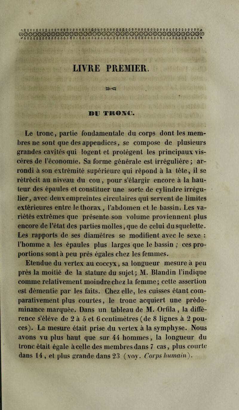 «s.fi.aoo.o.üa.fi.aoaooooosooa.oc'.aooos.oooooiiooonoooaooooocü.sîoüsoooofl 'OOOOOÏOSSOS'aOOÔ'D'ÜCOO u 0000000 lira OOOO O TBUÛOOOÛÏOOOSÏÛÏISOOÛC» LIVRE PREMIER. &-G5 »I TKOSC. Le tronc, partie fondamentale du corps dont les mem¬ bres ne sont que des appendices, se compose de plusieurs grandes cavités qui logent et protègent les principaux vis¬ cères de l’économie. Sa forme générale est irrégulière ; ar¬ rondi à son extrémité supérieure qui répond à la tête, il se rétrécit au niveau du cou, pour s’élargir encore à la hau¬ teur des épaules et constituer une sorte de cylindre irrégu¬ lier, avec deux empreintes circulaires qui servent de limites extérieures entre le thorax, l’abdomen et le bassin. Les va¬ riétés extrêmes que présente son volume proviennent plus encore de l’état des parties molles, que de celui du squelette. Les rapports de ses diamètres se modifient avec le sexe : l’homme a les épaules plus larges que le hassin ; ces pro¬ portions sont à peu près égales chez les femmes. Etendue du vertex au coccyx, sa longueur mesure à peu près la moitié de la stature du sujet; M. Blandin l’indique comme relativement moindre chez la femme; cette assertion est démentie par les faits. Chez elle, les cuisses étant com¬ parativement plus courtes, le tronc acquiert une prédo¬ minance marquée. Dans un tableau de M. Orfila, la diffé¬ rence s’élève de 2 à 5 et 6 centimètres (de 8 ligues à 2 pou¬ ces). La mesure était prise du vertex à la symphyse. Nous avons vu plus haut que sur 44 hommes, la longueur du tronc était égale àcelle des membres dans 7 cas, plus courte dans 14 , et plus grande dans 23 (voy. Corps humain).
