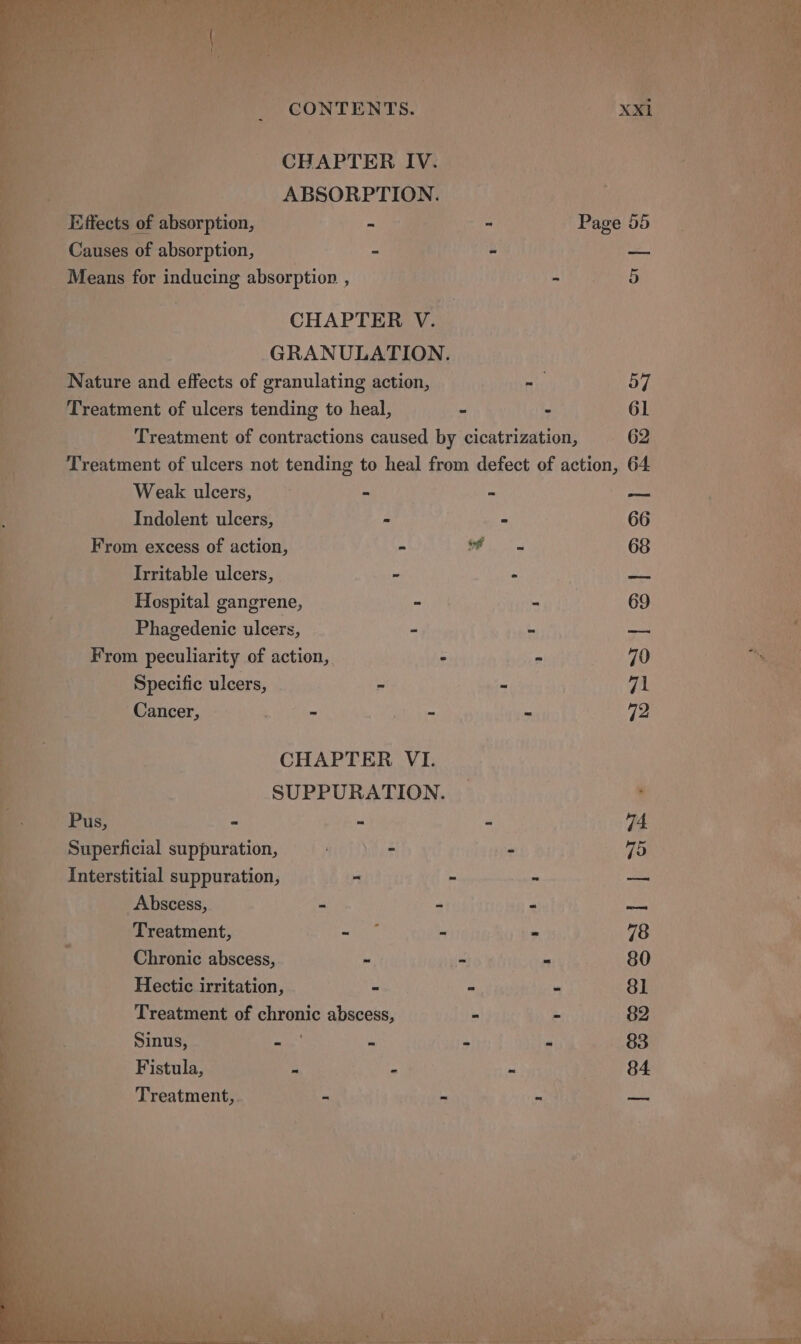 ABSORPTION. Billets of of absorption, - - Causes of absorption, - _ Means for inducing absorption , CHAPTER V. | GRANULATION. | Nature and effects of granulating action, _— vty: ‘ _ Treatment of ulcers tending to heal, - - 61 ; Treatment of contractions caused by cicatrization, 62 Treatment of ulcers not tending to heal from defect of action, 64 ; Weak ulcers, - ” — . oo Indolent ulcers, - - 66 From excess of action, - Mo 68 Irritable ulcers, - - em. 7 Hospital gangrene, = | uy 69 Phagedenic ulcers, | - = -- From peculiarity of action, . - livagt), A Specific ulcers, a “ 71 nS Cancer, ee Oke ve ~ 72 : : CHAPTER VI. SUPPURATION. | ae ee Pus, Ee - ki 74 a r Superficial suppuration, nel ies - 75 ites Interstitial suppuration, a“ “ 3 aa a ' . Abscess, - - - — Mie: Treatment, al ee - - 78 oe ¥ Chronic abscess, ~ Beh - 80 pe i Hectic irritation, : : : 81 | ce Treatment of chronic abscess, - - 82 F Sinus, sae . - - 83 Fistula, . * Ws ae? 84 a, _ Treatment, - -~ it eee