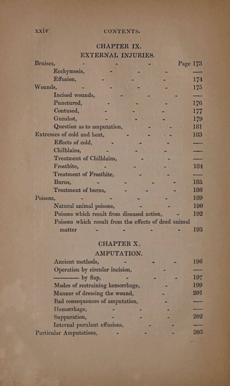 ‘ «CONTENTS. | . CHAPTER IX. ‘S | EXTERNAL INJURIES. Ste. Bruises, - - - Page 173. % : Ecchymosis, - e : a ___ Effusion, ee aide « 174 Wounds, - = On ~ Sea 175 ie . | Incised wounds, _ - - hs —— ae Punctured, i =e s 176 by Contused, - - - aly’ Gunshot, > Tite: te each) Bi Question as to amputation, - 2) os 18) ay Extremes of cold and heat, = - aie 1830 i, ‘ ; ! Effects of cold, ~ - «.)) OE ee ae ig i Chilblains, - - “ oe it is ee Treatment of Chilblains, - ~ —_— | Frostbite, te &amp; : 184 Treatment of Frostbite, - - a By 7 Burns, ee - “ _ (185 “* a ; Treatment of burns, i ‘ es 186 we Poisons, - - Sie oats 189 ae _ Natural animal poisons, - - 190 Wt - Poisons which result from diseased action, ate 19298 ie. Poisons which result from the effects of dead animal “aan matter - ~ = eee RTs 193. 77a : is CHAPTER X. | i AMPUTATION. 2a Ancient methods, - . ra 196 Operation by circular incision, . i by flap, - - - 19773 Modes of restraining hemorrhage, - 199 Manner of dressing the wound, u . 320) See Bad consequences of amputation, - —— 3 Hemorrhage, - - mde — - _ Suppuration, - Bae -— Internal purulent effusions, ‘ - Particular Amputations, “= A 5
