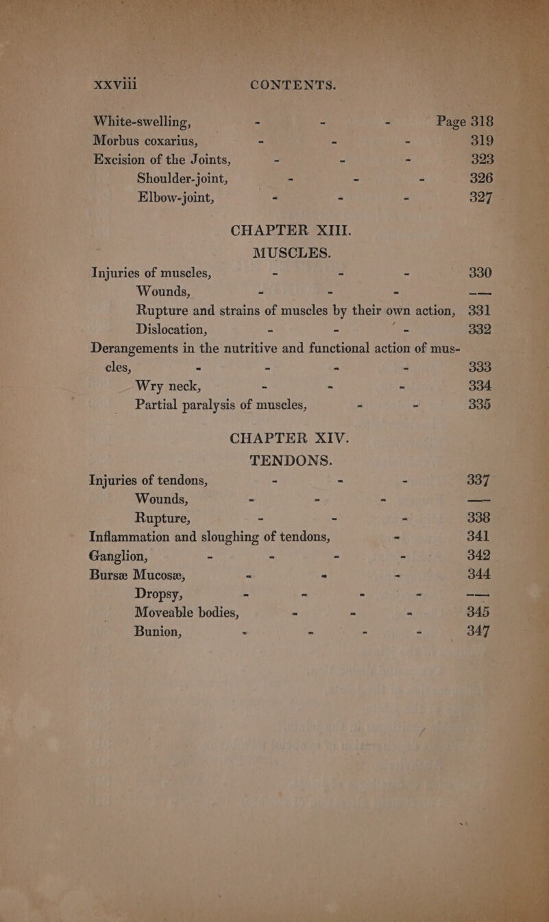 White-swelling, Morbus coxarius, _ Excision of the Joints, : 2 pe A Shoulder-joint, Whe a u Elbow-joint, | CHAPTER XIII. 7 MUSCLES. ee Injuries of muscles, - at - 330° ‘ Wounds, - . - = dr eta te ; Ps! Rupture and strains of muscles by their own action, 331 a) ‘ 7 Dislocation, - - ‘)- 330 Ge % Derangements in the nutritive and functional action of mus- bs | | a cles, - - . - 333 a a u _ Wry neck, . - ‘ 3340 e | “ Partial paralysis of muscles, et - 336 (ae : CHAPTER XIV. TENDONS. | Injuries of tendons, - el a mee a Wounds, - - - —_— Rupture, - ne - 338 ( a - Inflammation and sloughing of tendons, ~ 341 4 : Ganglion, rn : on had 349 aa Burse Mucose, - - mn 344° a | Dropsy,  P > Taine — yf ee Moveable bodies, oe ae ae aie, 845 Ge i Bunion,