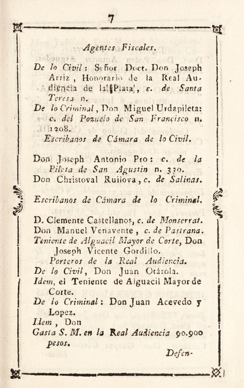 Agentes Fiscales. De lo Civil : Señor Doet. Don Joseph Arriz , Honorario Je ia ÍUaS Au- diencia de la*|Plata¡, c. ele Santa Teresa n. De lo Criminal, Don M iguel Urdapüeta: c. del Pozuelo de San Francisco n. i 208. .Escribanos de Cámara de lo Civil. Don J ose ph Antonio Pro: c, de la Pileta de San Agustín n. 350. Don Chiistoval Ruiiova , c. de Salinas. % ; Escribanos de Cámara de lo Criminal. j* D. Clemente Castellano?, c. de Monserrat* Don Manuel Venavente , c. de Vasirana. Teniente de Alguacil Mayor de Corte, Don Joseph Vicente Gordillo. Porteros de la Real Audiencia. De lo Civil, Don Juan Ota rola. Idem, el Teniente de Alguacil Mayor de Corte. De lo Criminal: Donjuán Acebedo y López. Idem , Don 8 Gasta S. M. £# la Real Audiencia 90.900 ¿esos. Defen- ¿~ —0.¡