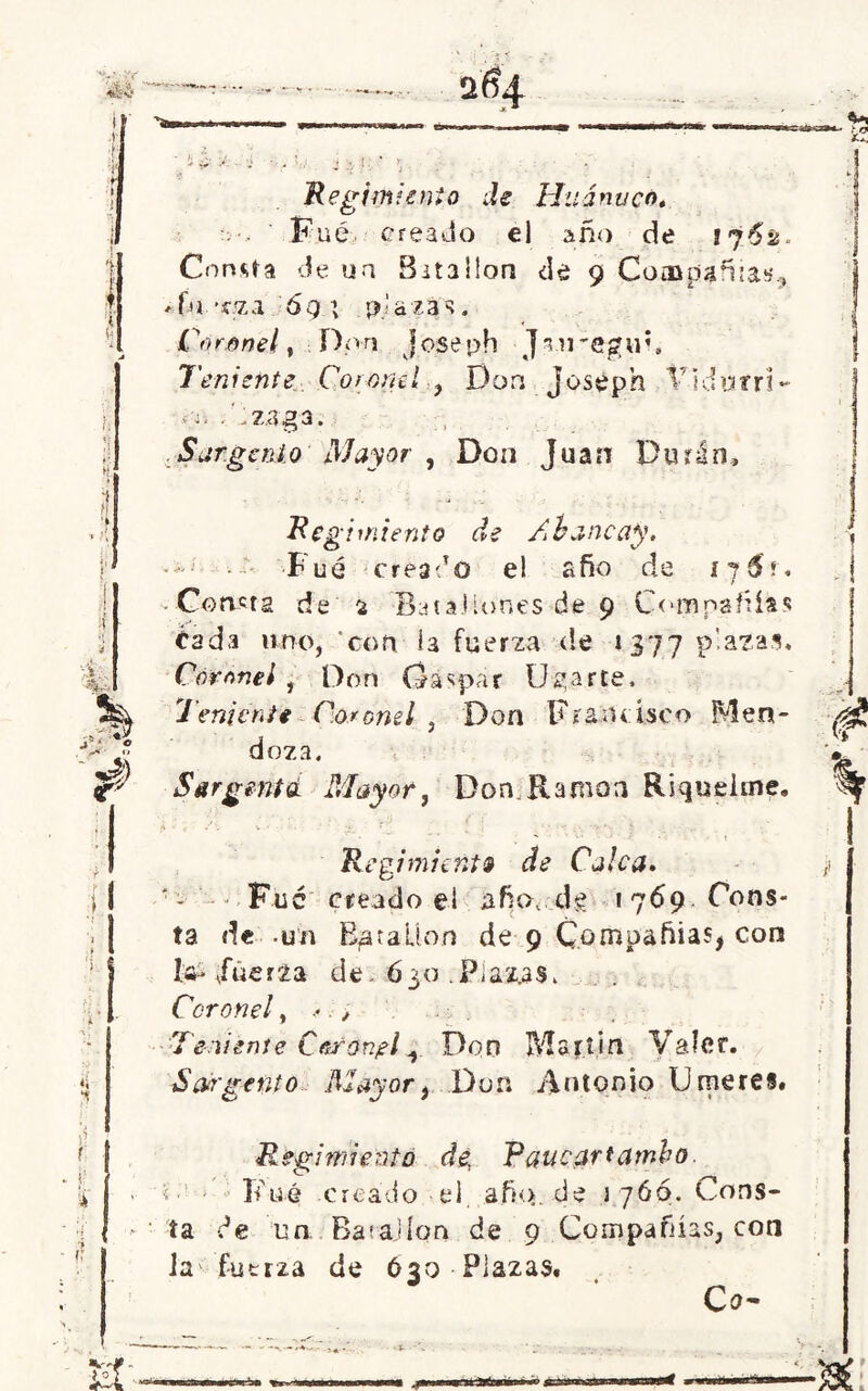 Ja Regimiento de Huánucó. - , ' Fue creado el año de 176a> Contra de un Bitaüon de 9 Compañía^ * fu xza óq\ p.’azas. Coronel} Don joseph Jaii'egir, Teniente Coronel , Don Joseph Vidufri- ó-, .‘; zaga. Sargento Mayor , Don Juan Duran, Regimiento de Abancay. Pué creado el año de ij6f. . Corma de 2 Batallones de 9 Compañías Cada uno, con la fuerza de 1377 P’a^as. Coronel , Don Gaspar Ufarte. Teniente Coronel , Don F rao cisco Men- doza. Sargenta Mayor, Don,Ramón Riqueiine, á - < S\ v • ■. r'd .. . • *7 . * Regimienta de Calca. Fue creado el año, de 1769 Cons- ta de un Batallón de 9 Compañías, con 1.a- ..fuerza de. ó30 .Plazas. Coronel, .«., Teniente Coronel ^ Don Martin Valer. Sargento Mayor, Don Antonio Unieres. Regimiento de, Paucartamho Tfué creado el año. de 1760. Cons- ta de un Basajíon de 9 Compañías, con la fuerza de 630 Plazas. Co~