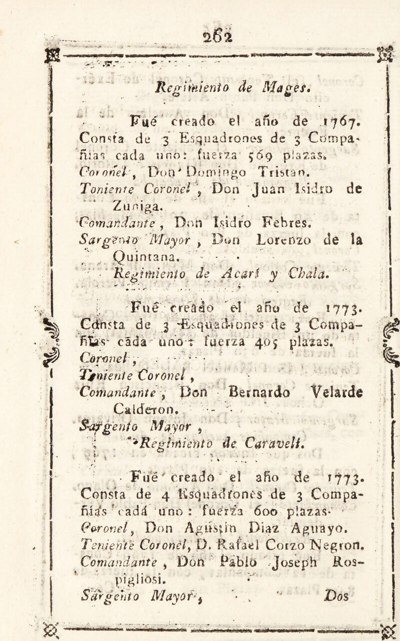 i8i Regimiento de Magés. O w '• Filé creado el año de 1767. Consta de 3 Escuadrones de 3 Cumpa- ñias cada uno: fuerza 569 plazas» Coronel-’, Pop* Domingo Tristar». Tómente Coronel > Don Juan Isidro de * ■* * r~m - -** '-*■ 1 '*■ Zumga. • ‘Comandante, Don Isidro Fehres. Sargenio Mayor , Don Lorenzo de la Quintana. - • Regimiento de A car i y Chala. Fue creado el año de 1773. Gd-nsta de 3 EEqimhones de 3 Compa- ñtas- cádá' lirio t fuerza 405 plazas. Coronel, Teniente Coronel, Comandante , Pon Bernardo Velarde Calderón. - §*afgento Mayor , *'Regimiento de Caraveli. > • • ' t . • Fué' creado el año de y 773- Consta de 4 Escuadrones de 3 Compa- ñías <adá uno: fuerza 600 plazas- ■ Coronel, Don Agúsún Díaz Aguayo. Teniente Coronel, D. Rafael C orzo Negron. Comandante , Don F&biO Joseph Ros- ptgiiosi. r Sargento Mayor-¡ '* v  Dos