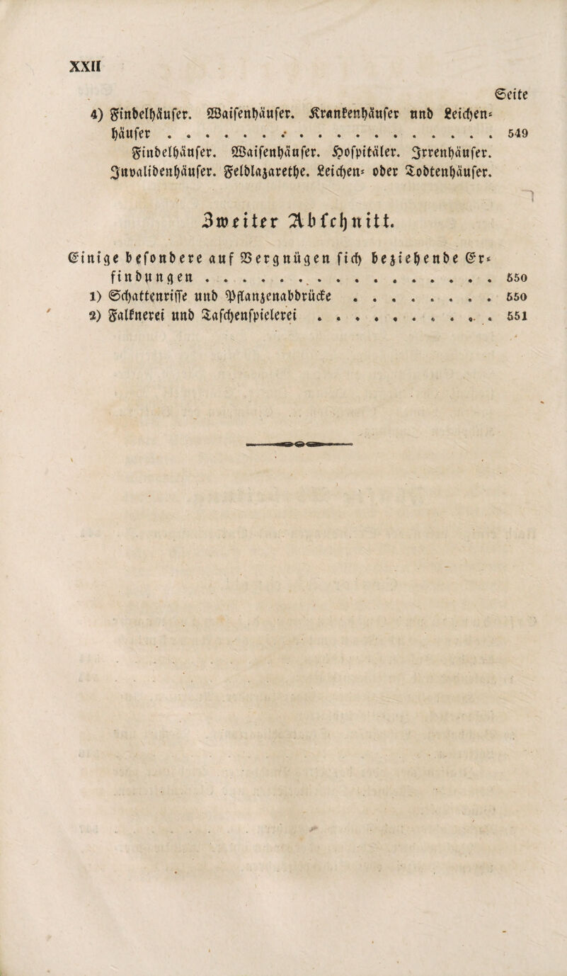 6eite 4) gftnbelbflufer. öBatfenbäufer. ixranfenbaufer unb getrfjen* tyaufer .549 gmbelbäufer. SÖatfenbäufer. Spofpitäler. 3rrenb«ufer. 3uoaltbenf)äufer. ^elblajaretbc. Seiten* ober $obtenl)äufer. 3ronter 2U)fcl)nttt. @tnige befonbere auf 25ergnü(jen fiel) bejteljenbe (Jr* fttt bunten...050 1) @rf)attenrtlTe uttb ^flanjcnabbrütfe.550 s) galfnerei uttb £afcf)enfpielerei.. . , 551 \