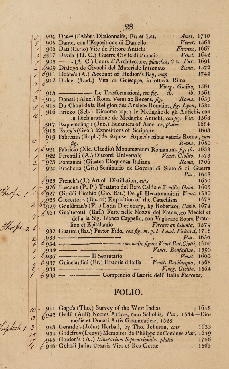 s 904 ^ 905 / 906 .... 71 / (. 7 ,^'' ^907 908 4^09 /9n ^912 c? 913 ■^914 691^ . 916 7918 919 ! /I /| 921 922 ^,7923 / 924 / U-' 7925 <5 /931 ^ A- / 932 .933 <^934 /93^^ •^36 6937 ^/93S ^939 Dajjet (I’Abbe) Dictionnaif'fe, Fri et Lat. ' Amst. 171O Dante, con TEspositione di Daniello Venet, 1568 Dati (Carlo) Vite de Pittore Antichi Firen%ey l667 Davila (H. C.) Guerre Civile di Francia Venet. 1642 -(A. C.) Cours d’Architecture,2 t. Par. 1691 Dialogo de Givochi del Materiale Intronato Siena, 1572 Dobbs’s (A.) Account of Hudson’s Bay, map 1744 Dolce (Lud.) Vita di Guiseppe, in ottava Riraa Vineg, GioUto, 1561 -Le Trasformationi, ib. ib. 156l Donati (Alex.) Roma Vetus ac Recens,^, Roma, 1639 Du Choul dela Religion des Anciens Remains,Lyon, 1581 Erizzo (Seb.) Discorso sopra le Medaglie de gli Antichi, con la Dichiaratione de Medaglie Antichi, con jig. Vin. 1568 Esquemeling’s (Jno.) Bucaniers of AmQx\c?i^plates 1684 Estey’s (Geo.) Expositions of Scripture l603 Fabrettus (Raph.)de Aquiset Aquseductibus veteris Romas, cum jig. . , Roma^ 1680 Fabricio (Nic. Claudio) Monumentum Romanum,^^. ib. 1638 Ferentilli (A.) Discorsi Universale Venet. GioUto, 1573 Fontanini (Giusto) Eloquenza Italiana Roma, 1706 Frachetta (Gir.) Seminario de Governi di Stato & di Guerra Par, l648 French’s (J.) of Distillation, 1650 Fuscone (P. P.) Trattato del Bere Caldo e Freddo Geno, l605 Giraldi Cinthio (Gio. Bat.) De gli Hecatommithi Venet, 1580 Glocester’s (Bp. of) Exposition of the Catechism 1678 CJouidman’s (Fr.) Latin Dictionary, by Robertson Camb. 1674 Gualterotti (Raf.) Feste nelle Nozze del Francesco Medici et della la Sig. Bianca Cappello, con Vaghezze Sopra Prato- lino et Epitalamio Firenze ap Giunta, 1579 Guarini (Bat.) Pastor Fido, con jig. m. g. I, Land. Pickard, 1718 ----— . Par, 1656 —r-con molto figure Venet.Bat,Ciotti, l602 —--- Venet, Bonfadtno, 1590 -II Segretario • Venet. I6OO Guicciardini (Fr.) Historia d’ltalia Venet. Bevilacqua, 1568 Vineg. Giolito, 1564 Compendio d’Istorie dell’ Italia Fiorenza, FOLIO. Ill Gage’s (Tho.) Survey of the West Indias 1648 1^42 Gellii (Auli) Noctes Atticae, cum Scholiis, Par. 1534—Dio- medis et Donati Artis Grammaticae, 1528 943 Gerarde’s (John) Herball, by Tho. Johnson, cuts l633 944 Godefroy(Denys) Menioires de Philippe de Comines 1649 ^945 Goxdiovi's {A.,) Itinerarium SeptentrionaJe, plates 1726 y / 946 Goltzii Julius Cesaris Vita et Res Gestae 1563