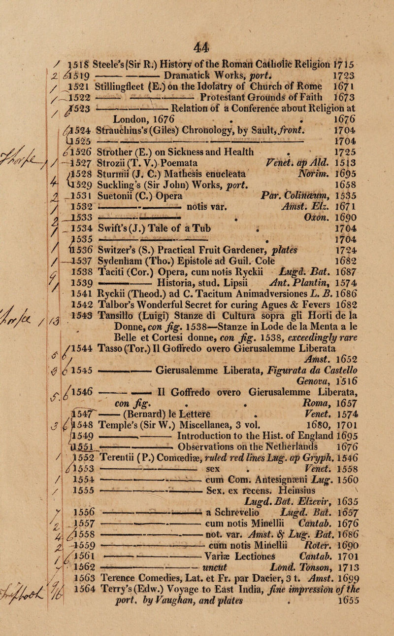 151S Steele^s (Sir R.) History of the Romart Cathoirc Religion 1715 Dramatick Works, port. 1723 Stillingfleet (E.)6n the Idolatry of Church of Rome 1671 -- -- Protestant Grounds of Faith 1673 ^-— Relation of a Conference about Religion at London, l67b . • 167b ^524 Strauchius’s (Giles) Chronology, by Sanlt, front, 17G4 11525 - — 1704 A 1526 Strother (E.) on Sickness and Health —4527 Strozii (T. V.) Poemata ;1528 Sturniii (J. C.) Mathesis enucleata U 529 Suckling’s (Sir John) Works, port, -1531 Suetonii (C.) Opera l532~i .... notis var. _JL533 ~ _ 1534 Swift’s (J.) Tale of a Tub ' 1535 . ' 1725 Venet, ap Aid. 15 j 3 Norim, 169 5 lb58 Par, foUnemm, 1535 Aihst, EIz, 1671 1690 1704 / . . . • , 11536 Switzer’s (S.) Practical Fruit Gardener, 1724 /;!—1^37 Sydenham (Tho.) Epistole ad Guil. Cole l682 />A3 1545 1538 Taciti (Cor.) Opera, cum notis Ryckii Lugd, Bat, l687 1539 -- Historia, stud. Lipsii Ant, Planting 1574 1541 Ryckii (Theod.) ad C. Taciturn Animadversiones L, B, 1686 1542 TalboFs Wonderful Secret for curing Agues & Fevers l682 1543 Tansillo (Luigi) Stanze di CultUra sopra gli Hofti de la Donne, con fig, 1538—Stanze in Lode de la Menta a le Belle et Cortesi donne, con fig, 1538, exceedingly rare /1544 Tasso (Tor.) II Gotfredo overo Gierusalemme Liberata Amst. 1652 Gierusalemme Liberata, Figurata da Castello \ , Genova, 1516 ^1/1546 --— II Goffredo overo Gierusalemme Liberata, con fig. • • Roma, l657 |f547-(Bernard) le Lettere • Venet, 1574 J ^|l548 Temple’s (Sir W.) Miscellanea, 3 vol. 168O, 1701 11549 - Introduction to the Hist, of England I695 41551 -- Observations on the Netherlands 1676 /; 1552 Terentii (P.) Comoediae, ruled red lines Lug. ap GrypJi, 1546 sex . Venet, 1558 cum Com. Antesignaeni Lug, 1560 Sex. ex recens. Heinsius i/155 /l 1554 /i 1555 Lugd.Bat, Elzevir, l635 ---—r .. a Schrevelio Lugd, Bat, l657 —— -cum notis Minellii Cantab, 1676 ----not. var. Amst. Lug. Bat, 1686 --,—_ cum notis Minellii Roter, 1690 - -Variae Lectiones Cantab, 1701 ----uncut Lond. Tonson, 1713 1563 Terence Comedies, Lat. et Fr. par Dacier, 3 t. Amst, 1699 1564 Terry’s (Edw.) Voyage to East India, fine impression of the port, by Vaughan, and plates . 1655 /; 1556 A -4559