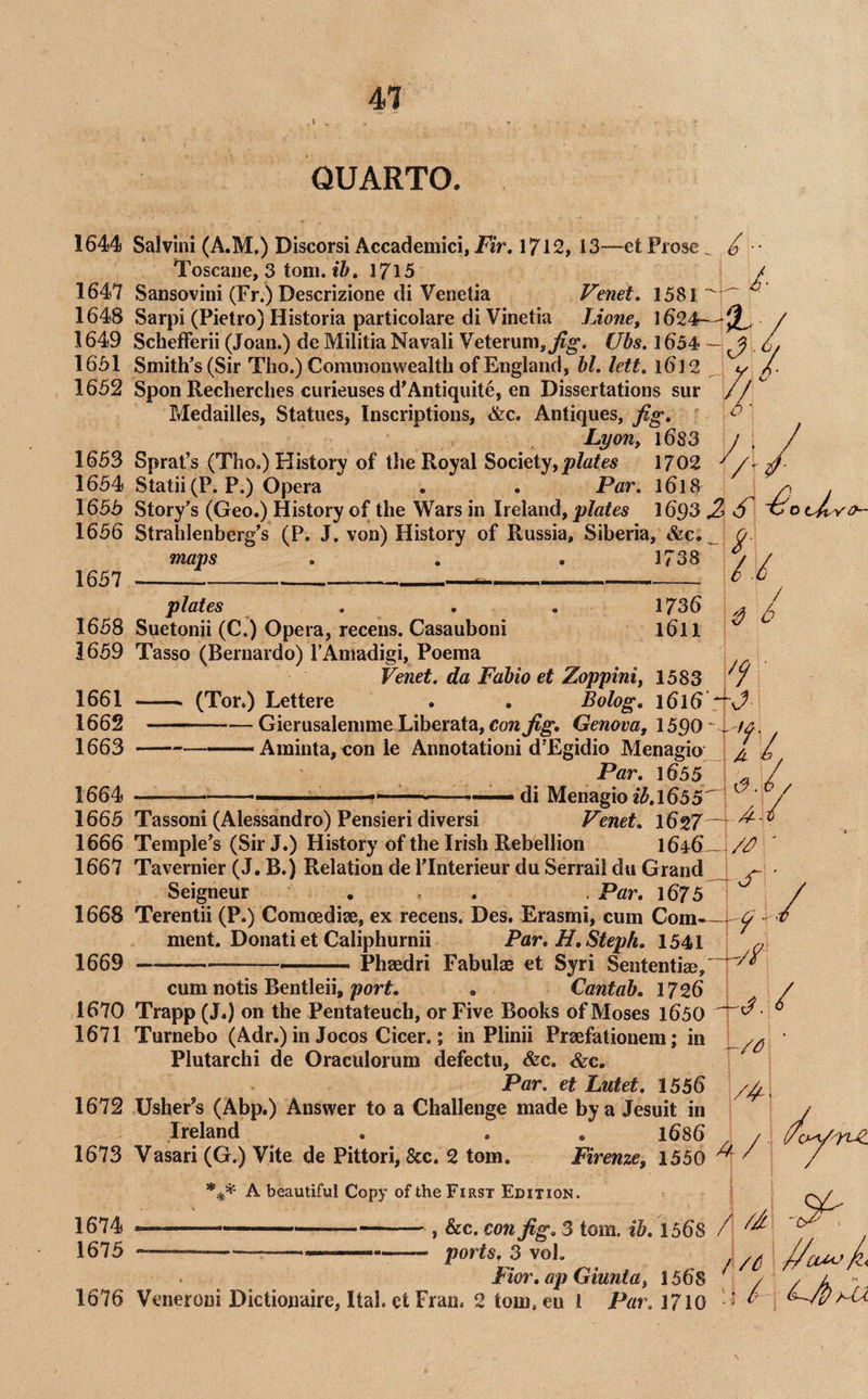 QUARTO. 1644 Salvini (A.M.) Discorsi Accademici, Fir, 1712, 13—et Prose ^ / Toscane, 3 tom. *&, 17l5 / 1647 Sansovini (Fr.) Descrizione di Venetia Venet, 1581 ^ 1648 Sarpi (Pietro) Historia particolare di Vinetia Lione, 1624—/ 1649 SchefFerii (Joan.) de Militia Navali Veteruni,Ubs. 1654 .6/ 1661 Smith’s (Sir Tho.) Commonwealth of England, bl. lett, 1612 _ y 1652 Spon Recherches curieuses d’Antiquite, en Dissertations sur // Medailles, Statues, Inscriptions, &c. Antiques, fig, Lyon, l683 / , / 1653 Sprat’s (Tho.) History of the Royal Society, 1702 1654 Statii(P. P.) Opera . . Par, l6l8 a . 1655 Story’s (Geo.) History of the Wars in Ireland, plates 1693 S S o o 64 1656 Strahlenberg’s (P. J. von) History of Russia, Siberia, &c._ 0. maps , . . 1738 1657 ------ /./ 1736 l6ll 0 I plates 1658 Suetonii (C.) Opera, recens. Casauboni 1659 Tasso (Bernardo) I’Amadigi, Poema Venet. da Fabio et Zoppini, 1583 1661 -- (Tor.) Lettere . . Bolog, l6l6 1662 --Gierusalemme Liberata, Genova, 15^0'\yf3, 1663 -—— Aminta, con le Annotation! d’Egidio Menagio ^ ^ / Par, 1655 ' ^ 7 1664 -- —-- di Menagio 1^.1655^ 1665 Tassoni (Alessandro) Pensieri diversi Venet, 1627 ^ / ./ / 1666 Temple’s (Sir J.) History of the Irish Rebellion 1646_\//) 1667 Tavernier (J. B.) Relation de I’lnterieur du Serrail du Grand \ Seigneur . . . .Par, 1675 ; / 1668 Terentii (P.) Comoediae, ex recens. Des. Erasmi, cum Com—/ ment. Donati et Caliphurnii Par, H,Steph, 1541 1669 -—- Phaedri Fabulse et Syri Sententi^,^^'’ cum notis Bentleii,. Cantab, 1726 | ^ ^ 1670 Trapp (J.) on the Pentateuch, or Five Books of Moses 1650 1671 Turnebo (Adr.) in Jocos Cicer.; in Plinii Praefationera; in Plutarchi de Oraculorum defectu, &c. &c, T Par. et Lutet, 1556 1672 Usher’s (Abp.) Answer to a Challenge made by a Jesuit in Ireland . . . 1686 / 1673 Vasari (G.) Vite de Pittori, &c. 2 tom. Firenze, 1550 ^ 1674 1675 A beautiful Copy of the First Edition. ^ ----, &c. con fig, 3 tom. ih, 1568 A ^ -por^5. 3 vol, 7^ 7^7 . Fior, ap Giunta, 1568 ^ / / k ' 1676 Veneroni Dictionaire, Ital. ct Fran, 2 tom.eu I Par. 1710 ^ aU