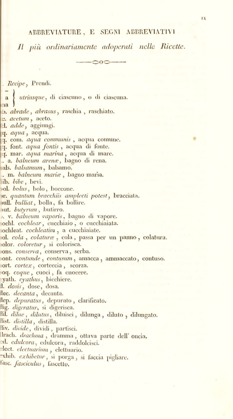 abbreviature, e segni abbreviativi Il più ordinariamente adoperati nelle Ricette. eoo . Recipe, Prendi. a j utriiisque, di ciascuno, o di ciascuna, itia ) d>. abrade, abrasus, raschia , raschiato, e. acetum, aceto. ;I. adde, aggiungi, q. aqua, acqua. q. coni, aqua communis , acqua comune, q. font, aqua fonds , acqua di fonte, q. mar. aqua marina, acqua di mare. .. a. balncum arane, bagno di rena, als. balsamina, balsamo. ,. m. balneum mance, bagno maria, ib. bibe, bevi. ' >ol. bolus, bolo, boccone. »r. quantum bracchiis amplecti potcst, bracciata, mil. bulliat, bolla, fa bollire. >ut. butynim, butirro. j. v. balneum vapori?, bagno di vapore, ochl. cochlear, cucchiaio, o cucchiaiata, cochleat. cochleatim , a cucchiaiate. ol. cola , colatura? , cola, passa per un panno, colatura. iolor. coloretur, si colorisca. >ons. conserva, conserva, serba. >ont. contunde, contusimi, amacca, ammaccalo, contuso, fort, cortex, corteccia , scorza. •oq. coque , cuoci, fa cuocere. :yatli. cyathus, bicchiere. B. do sis, dose, dosa. flec. decanta, decanta. ilep. depuratus, depurato, clarificato. Big. digeratur, si digerisca. HÜ. dilue, clilutus, diluisci, dilunga, dilato, dilungato. Ilist. distilla, distilla. Uiv. divide, dividi , partisci. lrach. drachma , dramma , ottava parte dell’ oncia, d. edulcora, edulcora, raddolcisci, dect. electuarium, clettuario. •xhih. exhibctur, si porga , si faccia pigliare, fase, fasciculus, fascette.