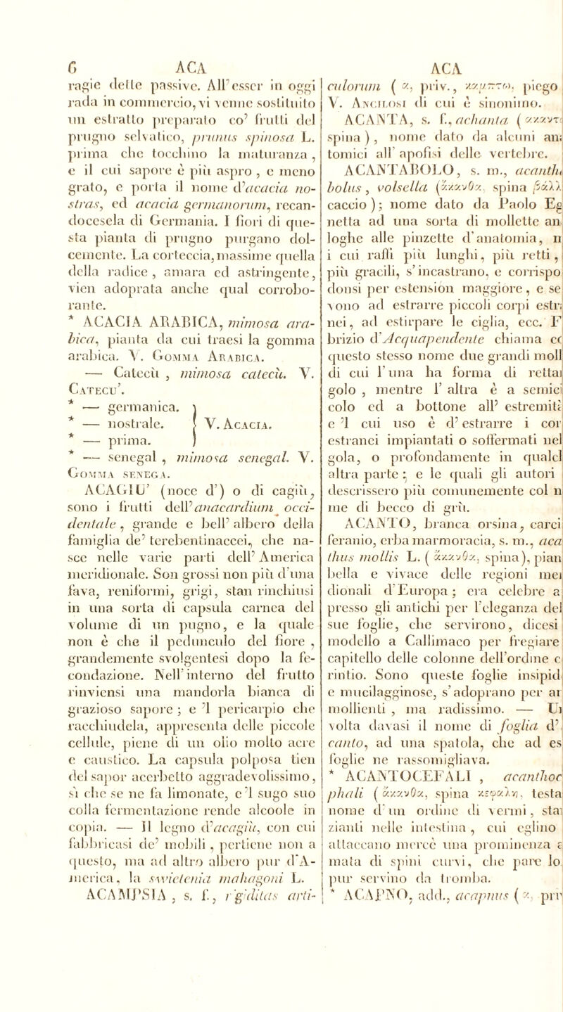 C, AC A ragie delle passive. All1 esser in oggi rada in commercio, vi verme sostituito un estrailo preparato co’ frutti del prugno selvatico, prunus spinosa L. prima clic tocchino la maturanza, e il cui sapore è più aspro , c meno grato, c porta il nome d?acacia no- stra,s, ed acacia germanorum, recan- docesela di Germania. 1 fiori di que- sta pianta di prugno purgano dol- cemente. La corteccia, massime quella della radice, amara ed astringente, vien adoprata anche qual corrobo- rante. * ACACIA ARABICA, mimosa ara- bicapianta da cui traesi la gomma arabica. A . Gomma Arabica. — Catecù , mimosa catecù. V. Catecù’. * •— germanica, i * — nostrale. j V. Acacia. * — prima. ) * — senegai , mimosa senegai. V. Gomma senega. ACAGIÙ’ (noce d ) o di cagiù, sono i frutti deWanacardiiun occi- dentale , grande e bell’ albero della famiglia de’ terebenlinaccei, clic na- sce nelle varie parti dell’America meridionale. Son grossi non più d una fava, reniformi, grigi, stan rinchiusi in una sorta di capsula carnea del volume di un pugno, e la quale non è che il peduncolo del fiore , grandemente svolgentesi dopo la fe- condazione. Nell’interno del frutto rinviensi una mandorla bianca di grazioso sapore ; e ’l pericarpio clic racchiudela, appreseli ta delle piccole cellule, piene di un olio molto acre e caustico. La capsula polposa tien delsapor accrbetto aggradevolissimo, sì clic se ne fa limonate, c 1 sugo suo colla fermentazione rende alcoole in copia. — Il legno d?acagiù, con cui fabbricasi de’ mobili , perfidie non a questo, ma ad altro albero pur d’A- merica, la swietcnia mahagoni L. ACAMJ'SIA , s. fi, r'g'dilas arti- ACA culorum ( «, priv., piego V. Ancilosi di cui è sinonimo. ACANTA, s. fi, acbanta ( «-/kvtc spina ), nome dato da alcuni ani tornici all apofisi delle vertebre. ACANTABOLO, s. m., acantln Lotus, volsella (y./.y.vOy spina fiali. caccio); nome dato da Paolo Eg netta ad una sorta di mollette an loglio alle pinzette d’anatomia, n i cui raffi più lunghi, più retti, più gracili, s’incastrano, e corrispo donsi per estension maggiore, c se \ono ad estrarre piccoli corpi estri nei, ad estirpare le ciglia, ecc. F Inìzio d Acquapendente chiama cc questo stesso nome due grandi moli di cui 1 una ha forma ili reliai golo , mentre 1’ altra è a semiei colo ed a bottone all’ estremiti c ’l cui uso è d’estrarre i con estranei impiantati o soffermati nel gola, o profondamente in quale! altra parte • e le quali gli autori descrissero più comunemente col ni ine di becco di gru. ACANTO, branca orsina, carci feranio, erba marmoracia, s. ni., aca tìius mollis L. ( spina), pian bella e vivace delle regioni mei dionali d’Europa; era celebre a presso gli antichi per l’eleganza dell sue foglie, che servirono, dicesi modello a Callimaco per fregiare capitello delle colonne dell’ordine ci rintio. Sono epieste foglie insipid e mucilagginose, s’adoprano per ai mollienti , ma radissimo. — Ui volta davasi il nome di foglia d’J canto, ad una spatola, che ad es foglie ne rassomigliava. * ACANTOCEFALI , acanthoc pitali ( y/.y.vOy, spina xsya/vj, testai nome d un ordine di venni, stai zianli nelle intestina, cui eglino attaccano mercè una prominenza e mata di spini curvi, che pare lo pur servino da (romba. ACAì’NO, add., acapnus (pnj