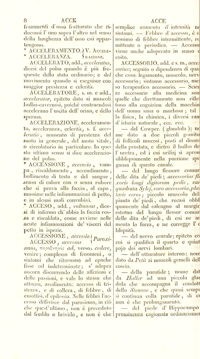 frammenti d’osso fratturato che ri- thiconsi 1 uno sopra l’altro nel senso della lunghezza dell’osso cui appar- tengono. * ACCELEBAMENTO. ) V. Accele- * ACCELERANZA. ) razione. ACCELERATO, add., acceleratus, diccsi del polso quando è più fre- quente dello stato ordinario; c de/ movimento quando si eseguisce con maggior prestezza c celerità. ACCELERATORE, s. m. e add., accelerator, epiteto dato ai muscoli bulbo-cavernosi, poiché contraendosi accelerano l’uscita dell’ orina, e dello sperma. ACCELERAZIONE, acceleramen- to, acceleranza, celerità, s. f. acce- leralio, aumento di prestezza del moto in generale , del moto vitale, o circolatorio in particolare. In que- sto ultimo senso si dice accelerazio- ne del polso. * ACCENSIONE , accentilo , vam- pa , riscaldamento , accendimento , bollimento di testa e del sangue , .senso di calore con o senza rubore che si prova alla faccia, al capo, massime nelle infiammazioni di petto, e in alcuni mali convulsivi. * ACCESO , add. , vultuosus , dice- si di infermo eli’ abbia la faccia ros- sa e riscaldata, come avviene nelle acute infiammazioni de’ visceri del petto in ispczie. ACCESSIONE , acccssio) jj ACCESSO, accessit \Fm'ox smus, Trapalo;y.àç ad, verso» cedere, venire ; complesso di fenomeni, o sintomi clic ritornano ad epoche fisse od indeterminate ; s’ adopra ancora discorrendo delle affezioni e delle passioni, e vale lo stesso clic attacco, assalimento : accesso di tri- stezza, e di collera, di febbre, di emottisi, d’epilessia. Nelle febbri l’ac- cesso differisce dal parosismo, in ciò clic quest’ultimo, non è preceduto dal freddo o brivido, e non è che semplice aumento d intensità ni sintomi. — Febbre d’accesso, è s nonimo di febbre intermittente, re mittente o periodica. — Accesso viene anche adoperato in senso coito. ACCESSORIO, add. c s. m., acce: so ri us• seguito o dipendenza di qua che cosa: legamento, muscolo, nerv accessorio ; sintomo accessorio, me: so terapeutico accessorio. — Scici ze accessorie alla medicina son quelle clic direttamente non rifle tono alla cognizion della macchili dell’ uomo sana o morbosa ; tal la fisica, la chimica, i diversi ran d istoria naturale , ecc. ecc. — del CoAvper. ( gianduia ): m me dato a due piccoli gomito di follicoli mucosi, posti al dinam della prostata, c dietro il bulbo de f uretra , ed i cui orifizj si apron obbliquamente nella porzione spi gnosa di questo canale. — del lungo flessore comur delle dita de’ piedi • accessorius fi* xoris /augi digitorum pedis, cai quadrata Sylvj, caro accessoria,pia, taris cents; piccolo muscolo dell pianta de’ piedi, clic recasi obbl quamente dal calcagno al margir esterno del lungo flessor comuni delle dita de’piedi, di cui ne ai menta la forza, e ne corregge 1’ c bliquità. — del nervo crurale; epiteto co cui si qualifica il quarto e quint pajo dei nervi lombari. — dell’otturatore interno; nom dato da Petit ai muscoli gemelli dell coscia. — della parotide •, nome dat da Haller ad una piccola glai dola che accompagna il condott dello Stenone. , c che quasi sciupi si continua colla parotide, di ci non è che prolungamento. — del piede d’ 11 ippocampo prominenza cagionata ordinai iamci