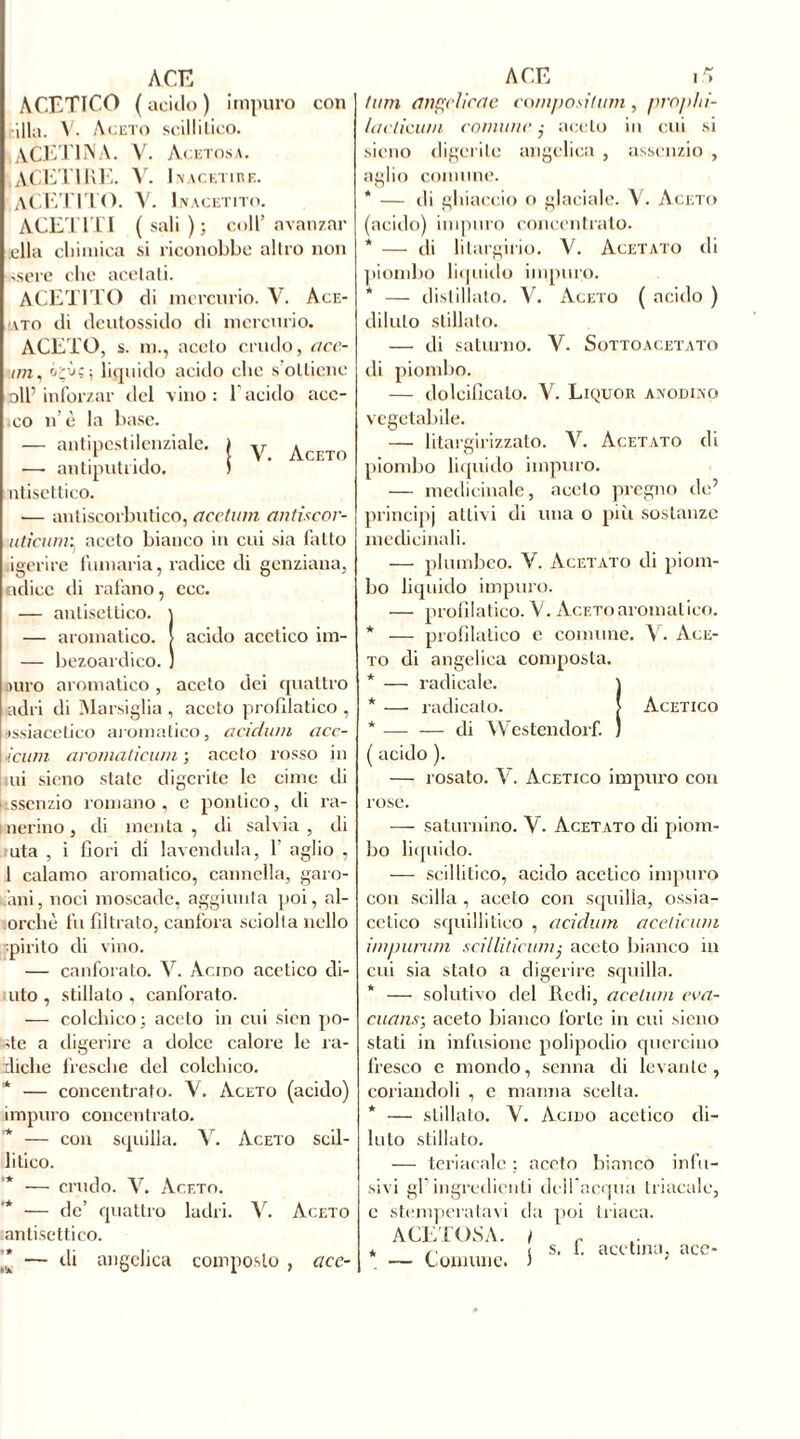 ACETICO (acido) impuro con illa. V. Aceto scillitico. ACETI N A. V. Acetosa. ACETI RE. V. Inacetire. ACETITO. V. Inacetito. ACET1TI ( sali ); coll’ avanzar iella chimica si riconobbe alleo non ssere clic acelati. ACET1TO di mercurio. V. Ace- tato di deutossido di mercurio. ACETO, s. m., accio crudo, acc- uli, ôçùç; liquido acido clic sol tiene oli’ inforzar del vino: bacalo acc- co n’è la base. — antipestilenzialc. — antiputrido, ntisettico. •— antiscorbutico, acctum antiscor- utìcumy aceto bianco in cui sia fatto igerire fumaria, radice di genziana, ndicc di rafano, ecc. — antisettico, i — aromatico. [ acido acetico im- — bezoardico. ) ■imo aromatico, aceto dei quattro adii di Marsiglia , aceto profdatico , •jssiacelico aromatico, addimi acc- iaiai aroinaticum ; aceto rosso in ui sieno state digerite le cime di ssenzio romano, e politico, di ra- i nerino, di menta , di salvia , di uta , i fiori di lavendula, b aglio , 1 calamo aromatico, cannella, garo- fani, noci moscade, aggiunta poi, cl- orelle fu filtrato, canfora sciolta nello ■pìi’ito di vino. — canforato. V. Acino acetico di- aito , stillato , canforato. — colchico; aceto in cui sien po- ste a digerire a dolce calore le ra- diche fresche del colchico. * — concentrato. V. Aceto (acido) impuro concentrato. * — con squilla. V. Aceto scil- litico. '* — crudo. V. Aceto. — de’ quattro ladri. V. Aceto antisettico. _* — di angelica composto , acc- tum angelìccte composilum , pròplii- laclicum comune : aceto sieno digerite angelica , 111 cui si assenzio , aglio comune. * — ili ghiaccio o glaciale, y. Aceto (acido) impuro concentrato. * — di lilargirio. y. Acetato di piombo liquido impuro. * — distillato, y. Aceto ( acido ) dilulo stillato. — di saturno. V. Sottoacetato di piombo. — dolcificato. V. Liquor anodino vegetabile. — litargirizzato. V. Acetato di piombo liquido impuro. — medicinale, aceto pregno de’ principi attivi di una o più sostanze medicinali. — plumbeo. V. Acetato di piom- bo liquido impuro. — profilatico. V. Aceto aromatico. * — profilatico e comune. \r. Ace- to di angelica composta. * — radicale. ) * —- radicato. > Acetico * — — di Westcndorf. ) ( acido ). — rosato. V. Acetico impuro con rose. — saturnino. V. Acetato di piom- bo liquido. — scillitico, acido acetico impuro con sedia , aceto con squilla, ossia- cetico squilli Lieo , addimi aceticum impurum scilliticum,• aceto bianco in cui sia stato a digerire squilla. * — solutivo del Redi, acelwn éva- cuons■; aceto bianco forte in cui sieno stati in infusione polipodio quercino fresco e mondo, Senna di levante, coriandoli , e manna scelta. * — stillato, y. Acido acetico di- luto stillato. — teriacalc : aceto bianco infu- sivi gb ingredienti dell'acqua trincale, c stemperatavi da poi triaca. ACETOSA, i r * s s. 1. acctina, acc- — Comune. ) 3