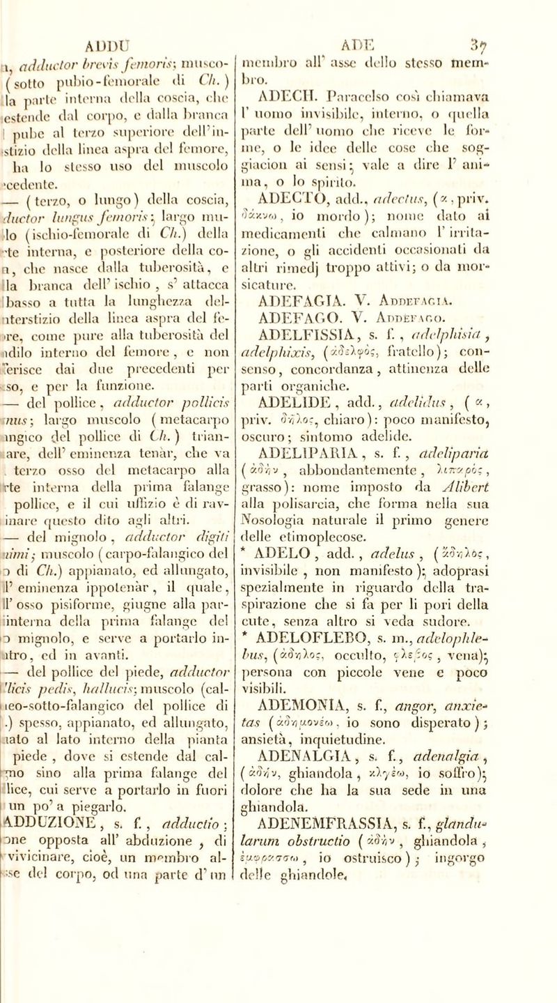 ADDÜ i, adductor brevis femoris; musco- ( sotto pubio-femorale <li Ch.) la parte interna della coscia, che estende dal corpo, e dalla branca I pube al terzo superiore dell’in- dizio della linea aspra del femore, ha lo stesso uso del muscolo •cedente. — ( terzo, o lungo ) della coscia, ductor lungus femori* } largo mu- do (ischio-femorale di Ch.) della •te interna, e posteriore della co- n, che nasce dalla tuberosità, e Ila branca dell’ ischio , s’ attacca basso a tutta la lunghezza del- nterstizio della linea aspra del fo- ire, come pure alla tuberosità del ridilo interno del femore, c non Perisce dai due precedenti per so, e per la funzione. — del pollice , adductor pollici* mis ; largo muscolo ( metacarpo ingico del pollice di Cli. ) triam- are, dell’ eminenza tenàr, che va . terzo osso del metacarpo alla (Irte interna della prima falange pollice, e il cui uffizio è di cav- illare questo dito agli altri. — del mignolo, adductor digiti iturni} muscolo (carpo-falangico del o di Ch.) appianato, ed allungato, 11’ eminenza ippolenàr , il quale, II’ osso pisiforme, ghigne alla par- interna della prima falange de! (D mignolo, e serve a portarlo in- ìtro, ed in avanti. — del pollice del piede, adductor ’licis pedis, ha linci.*’, muscolo (cal- ieo-sotto-falangico del pollice di .) spesso, appianato, ed allungato, iato al lato interno della pianta piede , dove si estende dal cal- ano sino alla prima falange del lice, cui serve a portarlo in fuori un po’ a piegarlo. ADDUZIONE , s. f., adducilo ;. one opposta all’ abduzione , di vivicinare, cioè, un membro al- ;se del corpo, od una parte d’un ADE 37 membro all asse dello stesso mem- bro. ADECH. Paracelso così chiamava 1’ uomo invisibile, interno, o quella parte dell’ uomo che riceve le for- me, o le idee delle cose che sog- giacion ai sensi: vale a dire P ani- ma, o Io spirilo. ÀDECTO, add., adectus, («,priv. rìcbtvM, io mordo); nome dato ai medicamenti che calmano 1 irrita- zione, o gli accidenti occasionali da altri rimedj troppo attivi; o da mor- sicature. ADEFAGIA. V. Addefac.i ADEFAGO. V. A TITIÈF AOO. ADELFISSIA, s. f. , addphisia, adelphixis, (xSAyòg, fratello); con- senso , concordanza, attinenza delle parti organiche. ADEL1DE , add., addi dit* , ( « , priv. ).oc, chiaro): poco manifesto, oscuro ; sintomo adelide. ADEL1PAR1A , s. f., addipana. (àò/jv, abbondantemente, ii ruspi,;, grasso): nome imposto da Alihert alla polisarcia, che forma nella sua ATosologia naturale il primo genere delle etimoplecose. * ADELO , add., adelus , (xòr.ìó;, invisibile , non manifesto )} adoprasi spezialmente in riguardo della tra- spirazione che si fa per li pori della cute, senza altro si veda sudore. * ADELOFLEBO, s. inadelophle- bus, (àtbjlo;, occulto, Asf:oç , vena): persona con piccole vene e poco visibili. ADEMONIA, s. f., angor, anxie- tas ( ùor,u.o'jÉ',ì, io sono disperato); ansietà, inquietudine. ADENALGIA, s. f., adenalgia,, (àfP/jv, ghiandola, dyiw, io soffro)} dolore che ha la sua sede in una ghiandola. ADENEMFRASSÎA, s. f., glande larum obstructio ( di, v , ghiandola , zu'Dpy.’ju'., 5 io ostruisco ) ; ingorgo delle ghiandole,
