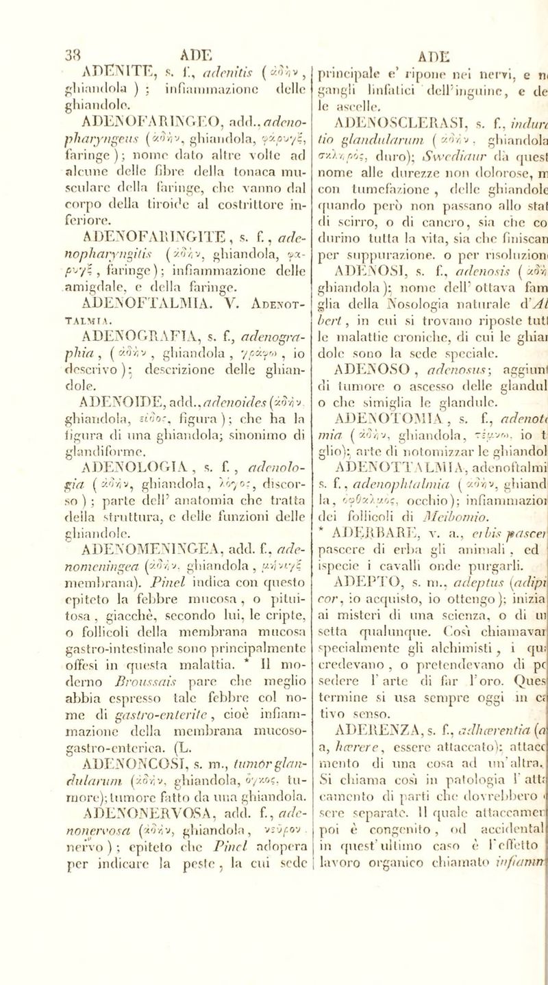 ADENITE, s. adenitìs ( àfHv , ghiandola ) ; infiammazione delle ghiandole. ADEN OFA R IN G TX), add., adeno- pliaryngeus (Pirp ghiandola, yiov•/£, faringe); nome dato altre volte ad alcune delle fibre della tonaca mu- scolare della faringe, che vanno dal corpo della tiroide al costrittore in- feriore. ADENOF All INGITE , s. f., adc- nopharyngitìs ( Pii v; ghiandola, ya- , faringe ) ; infiammazione delle amigdale, e della faringe. ADENOFTALMIA. V. Adenot- TALMTA. ADENOGRAFTA, s. f, adenogra- pliia , ( «5-Àv , ghiandola , ypàyn , io descrivo): descrizione delle ghian- dole. ADENOIDE, add ,,adenoides [Prpj ghiandola, sólo.-, figura ) ; che ha la figura fli una ghiandola; sinonimo di glandi forni e. ADENOLOGIA , s. f. , adenolo- gia (àd/]v, ghiandola, ÀÓ70-:, discor- so ) ; parte dell’ anatomia che tratta della struttura, c delle funzioni delle ghiandole. ADENOMEN1NGEA, add. fi. ade- nomenmgea (PÌy,-j, ghiandola, uvjvty? membrana). Pinci indica con questo epiteto la febbre mucosa , o pitui- tosa , giacché, secondo lui, le cripte, o follicoli della membrana mucosa gastro-intestinale sono principalmente offesi in questa malattia. * Il mo- derno Broussais pare che meglio abbia espresso tale febbre col no- me di gastro-enterite, cioè infiam- mazione della membrana mucoso- gastro-entcriea. (L. ADEiNONCOSI, s. m., tumórglan- dulanun (Piv, ghiandola, ôyxoç, tu- more); tumore fatto da una ghiandola. ADENONERVQSA, add. f., adc- nonervosa (cèo-dv, ghiandola, vsvpv nervo ) ; epiteto che Pinci adopera per indicare la peste, la cui sede principale e’ ripone nei nervi, e n< gangli linfatici dell’inguine, e de le ascelle. ADENOSCLERASI, s. fi, induri tio glandularum ghiandola <rv.lr<[>òduro); Swediaur ria quest nome alle durezze non dolorose, m con tumefazione , delle ghiandole quando però non passano allo stai di scirro, o di cancro, sia che co durino tutta la vita, sia che finiscali per suppurazione, o per risoluzioni ADENOSJ, s. fi, adenosis ( Pi ghiandola)’ nome dell’ottava fam glia tirila Nosologia naturale d'Al bcrt, in cui si trovano riposte tutl le malattie croniche, di cui le ghiai dolo sono la sede speciale. ADENOSO , adenosus; aggiunf di tumore o ascesso delle glandul o che simiglia le glandolo. ADENOTOMIA, s. fi, adenot< mia («rì/,v, ghiandola, vij/vw. io t glioR arte di notomizzar le ghiandol ADENOTT \LMI A, adenoftalmi s. fi, adenophtalmia ( Prbv, ghiand la, 003Ocùy.àç, occhio); infianimazioi dei follicoli di Meibomio. * ADERBARìì, v. a., ci bis pascei nascere di erba gli animali , ed ispecie i cavalli onde purgarli. ADEPTO, s. m., acleptus (adipi cor, io acquisto, io ottengo); inizia ai misteri di una scienza, o di m setta qualunque. Cosi chiamavai specialmente gli alchimisti, i qui credevano , o pretendevano di pc sedere 1 arte di far l’oro. Ques termine si usa sempre oggi in et tivo senso. ADERENZA, s. fi, adhœrentia (a a, hcerere, essere attaccato): altacc mento di una cosa ad un'altra. Si chiama cosi in patologia 1 atti camcnto di parti che dovrebbero < sere separato. 11 quale attaccameli poi è congenito, od accidentai in quest’ultimo caso è l'effetto i lavoro organico chiamato infìamn