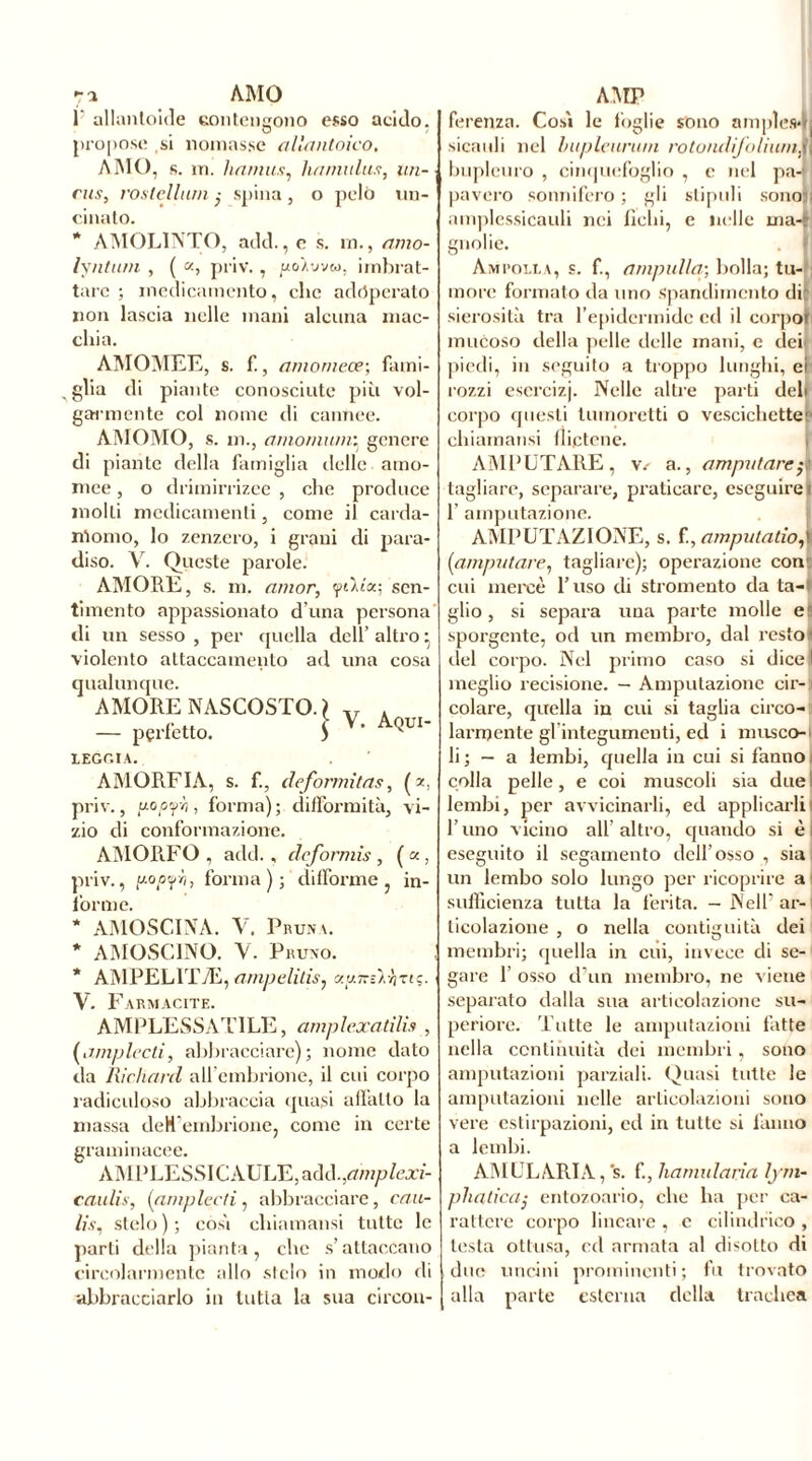 -a AMO F allantoïde contengono esso acido, propose ,si nomasse alUintoico. AMO, s. in. hamus, Immillila, un- cus, rostellum spina, o pelò un- cinato. * AMOLINTO, add., c s. in., amo- lyiitiun , ( priv. , po/uveo, imbrat- tare ; medicamento, clic adoperato non lascia nelle mani alcuna mac- chia. ÀMOMEE, s. f., anionieoe; fami- glia di piante conosciute più vol- garmente col nome di camice. AMOMO, s. in., amomunn genere di piante della famiglia delle amo- mee, o drimirrizee , che produce molti medicamenti, come il carda- momo, lo zenzero, i grani di para- diso. V. Queste parole. AMORE, s. m, amor, <peM'a; sen- timento appassionato d una persona di un sesso , per cjuella dell’ altro • violento attaccamento ad una cosa qualunque. AMORE NASCOSTO. ) ,T . - perfetto. I V' LEGC.IA. AMORFIA, s. f., deformìtas, (*, priv., poppi, forma); difformità, vi- zio di conformazione. AMORFO , add. , deformis , ( «, priv., pop’fò, forma ); difforme, in- forme. * AMOSCINA. V. Pruna. * AMOSCINO. V. Pruno. * AMPEL1TÆ, ampelitis, y.y~ùr,ziq. V. Farmacite. AMPLESSAT1LE, amplexatilis , Rampiceli, abbracciare); nome dato da Richard all’embrione, il cui corpo radiculoso abbraccia quasi allatto la massa deH’embrione, come in certe graminacee. AM PLESSI CAULE, add .,amplexi- caulis, (firnpiedi, abbracciare, cnu- li s, stelo ) ; cosi chiamatisi tutte le parti della pianta, clic s’attaccano circolarmente allo stelo in modo di abbracciarlo in tutta la sua circon- AMP ferenza. Cosi le foglie sono amples-* sicauli nel buplcnrum rotondifoliumì bupleuro , cinquefoglio , c nel pa4 pavero sonnifero; gli stipuli sono:, amplessicauli nei fichi, e nelle rna-t gnolie. Ampolla, s. f., ampulla; bolla; tu- ; more formato da uno spandimcnto dii sierosità tra l’epidermide ed il corpo* mucoso della pelle delle mani, e dei] piedi, in seguito a troppo lunghi, ei rozzi escrcizj. Nelle altre parti deh corpo questi tumoretti o vescichette' chiamatisi fliptene. AMPUTARE, v.- a., amputarep tagliare, separare, praticare, eseguirei 1 amputazione. AMPUTAZIONE, s. f., amputation [amputare, tagliare); operazione con cui mercè l’uso di stromento da ta-i glio, si separa una parte molle er sporgente, od un membro, dal resto* del corpo. Nel primo caso si dice I meglio recisione. — Amputazione cir- colare, quella in cui si taglia circo- larmente gl integumenti, ed i musco-1 li; — a lembi, quella in cui si fanno' colla pelle, e coi muscoli sia due 1 lembi, per avvicinarli, ed applicarli' F uno vicino all’ altro, quando si è i eseguito il segamento dell’osso , sia un lembo solo lungo per ricoprire a sufficienza tutta la ferita. - Nell’ar- ticolazione , o nella contiguità dei membri; quella in cui, invece di se-1 gare 1’ osso d’un membro, ne viene separato dalla sua articolazione su- periore. Tutte le amputazioni fatte nella continuità dei membri , sono amputazioni parziali. Quasi tutte le amputazioni nelle articolazioni sono vere estirpazioni, ed in tutte si fanno a lembi. AMÜLARIA, s. f., hamularia lym- phatica- entozoario, che ha per ca- rattere corpo lineare , c cilindrico , testa ottusa, cd armata al disotto di due uncini prominenti; fu trovato alla parte esterna della trachea