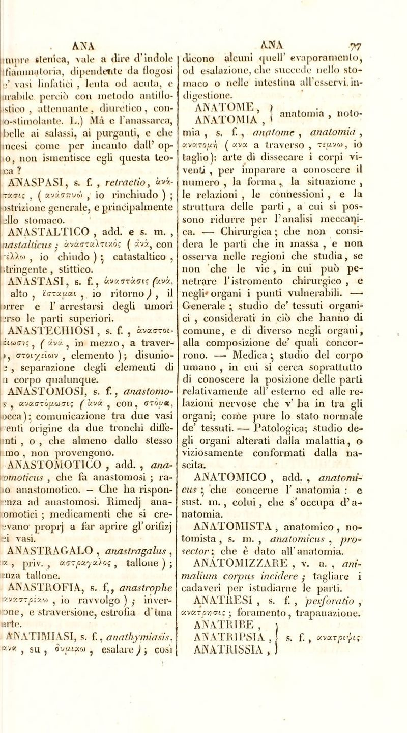 AN A nuire îtenica, vale a dire d'indole Ifiammatoria, dipendente du flogosi ■ «’ vasi linfatici , lenta od acuta, c inabile perciò con metodo auliilo- istico , attenuante , diuretico , con- o-stimolante. L.) Ma e l anassarca, belle ai salassi, ai purganti, e che incesi come per incanto dall’ op- o, non Smentisce egli questa teo- cca ? ANASPASI, s. f. , retractio, àvi- txti; , ( x'jà'j-'jù , io rinchiudo ) ; ■ostrizionc generale, e principalmente 'Ilo stomaco. ANASTALTICO , add. e s. ni. , nastalticus ; avaa-raÀTtxòc ( ava, coll , io chiudo ) *, catastaltico , tringente , stittico. ANASTASI, 6. f., «vxo-ràfftç fava, alto , ïa-zxua.i , io ritorno ) , il irrer e 1’ arrestarsi degli muori terso le parti superiori. ANASTECHIOSI , S. f. , àvasrot- iicooa; ì ( iva in mezzo, a traver- », trzoïy-ïwi) , elemento); disunio- î , separazione degli elementi di n corpo qualunque. ANASTOMOSI, s. f., anastomo- si , avaa-TÔjX&JTtç fava , con, Gzòyec, acca): comunicazione tra due vasi i enti origine da due tronchi dille- nti , o , che almeno dallo stesso ino , non provengono. ANASTOMOTICO , add. , ana- Vomotìciis , che fa anastomosi ; ra- o anastomotico. — Che ha rispon- ;nza ad anastomosi. Rimedj ana- omotici ; medicamenti che si cre- avano propij a far aprire gl’orilìzj ei vasi. ANASTRA GÀLO , anastragalus , •z , priv. , asrysaya/os , tallone ) ; enza tallone. ANASTROFI A, s. f,, anasfrnplie txvxTrpizw , io ravvolgo ) ,• inver- ane, e straversione, estrofia d’tuia arte. ÀNATJMIASI, s. f., anaihymiasis, ttvSE , su , òvjztaoj , esalare ^ ; cosi ANA 77 dicono alcuni quell’ evaporamento, od esalazione, che succede nello sto- maco o nelle intestina all esservi in- digestione. ANATOME, ) , • „ . ANATOMIA ,1 annt°m|a > noto- mia , s. f. , anptome , anatomia , xvzroyri ( ava a traverso , tìuvw, io taglio): arte di dissecare i corpi vi- venti , per imparare a conoscere il numero , la forma,. la situazione , le relazioni , le connessioni , e la struttura delle parti , a cui si pos- sono ridurre per l’analisi meccani- ca. — Chirurgica ; che non consi- dera le parti che in massa , e non osserva nelle regioni che studia, se non che le vie , in cui può pe- netrare l’istromcnto chirurgico , e negli* organi i punti vulnerabili. —• Generale • studio de’ tessuti organi- ci , considerati in ciò che hanno di comune, e di diverso negli organi, alla composizione de’ quali concor- rono. —- Medica • studio del corpo umano , in cui si cerca soprattutto di conoscere la posizione delle parli relativamente all’ esterno ed alle re- lazioni nervose che v’ ha in tra gli organi; come pure lo stato normale de’ tessuti. — Patologica; studio de- gli organi alterati dalla malattia, o viziosamente conformati dalla na- scita. ANATOMICO , add. , anatomi- cus } che concerne 1’ anatomia : e sust. m. , colui , che s’ occupa d’a- natomia. ANATOMISTA, anatomico, no- tomista , s. m. , analomicus , pro- sectori che è dato all’anatomia. ANATOMIZZARE , v. a. , ani- ma li uni corpus incidere ; tagliare i cadaveri per istudiarne le parli. ÀNATRESI , s. li , perfora rio , «.'jv.-puGis ; foramento, trapanazione. ANATRI RE , ) ANATRI PS IA , s. f., «vxt pi-y, ANATRISSIA , )