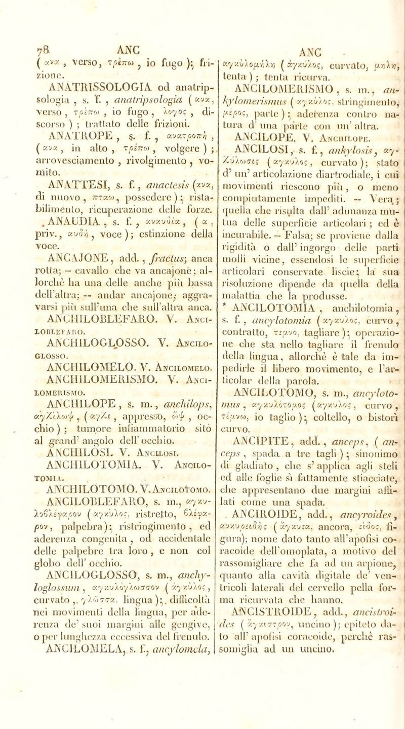 7«. ANC ( aux , verso, t/5î7tw , io fugo ):, fri- zione. ANATRISSOLOGIA od anatrip- sologia , s. T. , anal ripso logia ( «vz, verso , Tplnw , io fugo , 46705 , di- scorso ) : trattato delle frizioni. AN ATROPE , 5. f. , ava?pony : ( «va , in allo , T/3É7TM } volgere ) ; ai-rovesciamento , rivolgimento , vo- mito. ANTITESI, s. f., anactesis (zv«, di nuovo, tì-txm, possedere)^ rista- bilimento, ricuperazione delle forze. . ANAUDIA , S. f. , «vssuutoc , ( a , priv., (xuât?, voce); estinzione della voce. ANC A JONE, add., fractas; anca rotta; - cavallo che va ancajonè; al- loi’cliè ha lina delle anche più bassa dell’altra; — andar ancajonè,- aggra- varsi più sull'ima che sull’altra anca. ANCHILOBLEFARO. V. A.vci- XOBLEFARO. ANCH1LOGLOSSO. V. Ancilo- GLOSSO. ANC1IILOMELO. V. Ancilomelo. ANCIiiLOMERISMO. Y. Asci- IOMERISMO. ANCIilLOPE , s. m., ancliilops, «, ( y.'/Z-t , appresso, orp , oc- chio ) ; tumore infiammatorio sitò al grand’angolo dell’occhio. ANCHILÒSI. V. Avcllosi. ANCHILOTOMIA. V. Anoilo- TOMIA. ANCHILÓTOMO. V. Anciloïomo. ANC1LOBLEFARO, s. in., «7^- loGìé'fxrjOv ( aystvNoç, ristretto, fài'fx- pov, palpebra)- ristringimento, ed aderenza congenita, od accidentale delle palpebre tra loro, e non col globo dell occhio. ANCILOGLOSSQ, s. m., anchy- loglossuni, ay/.UAüy'AM'T'TO-J (ayxÙAo;, curvato 7ziio-o-ac. lingua )y dilficollà nei movimenti della lingua, per ade- renza de’ suoi margini alle gengive, o per lunghezza eccessiva del frenulo. ANC1LOAIELA, s. f., ancylomda, ANC «7v.\jAogr,\r, ( iyxiiAoç, curvalo, ,«>)).»7, tenta ) ; tenta ricurva. ANC1LOMERISMO , s. m., zm- Aylomerismus ( «7 v-ù/.oç, stringimento, f'-Y'0?; parte ) aderenza contro na- tura d una parte con un’ altra. ANCILOPE. V. Anchilope. ANC1LOSI, s. f., ankylosisj «7- 1 Xù/wo-i; («yx-jÀos, curvato); stato : d’ un articolazione diartrodiale, i cui movimenti riescono più, o meno compiutamente impediti. — Nera,; ! quella che risulta dall adunanza mu- j tua delle superficie articolari ; cd è 1 incurabile. — Falsa; se proviene dalla rigidità o dall’ ingorgo delle parti ; molli vicine, essendosi le superficie articolari conservate liscie ^ la sua risoluzione dipende da quella della malattia che la produsse. ANCILOTOMIA , anchilotomia, : s. f. , ancylotomia ( zyxvAoc, curvo , : contratto, -zyvo, tagliare): operazio- ne che sta nello tagliare il frenulo della lingua, allorché è tale da ini- 1 pedirle il libero movimento, e l’ar- ticolar della parola. ANC1LOTOMO, s. m., ancyloto- mus, ct.y/.-jAÀzoy.o; (ayxu/.o;, curvo, : vc/zvf.j, io taglio)^ coltello, o bistorì curvo. ANCIPITE, add., anccps, ( an- ì reps , spada a tre tagli ) ■ sinonimo : di gladiato , che s’ applica agli steli : ed alle foglie si fattamente stiacciate, che appresentano due margini affi- lati come una spada. AN CIRO IDE, add., ancyroides, cy.'j'/.vpuâ'o ç ( xyy.j-x, ancora, ciào;, fi- gura); nome dato tanto all’apofisi co- racoide delfomoplata, a motivo del rassomigliare che fa ad un arpione, quanto alla cavità digitale de’ ven- tricoli laterali del cervello polla for- 1 ma ricurvata che hanno. ANG1STR01DE, add., ancistroi- 1 des ( zy/f.zToov, uncino); epiteto da- to all’apofisi coraeoide, perchè ras- ! somiglia ad un uncino.
