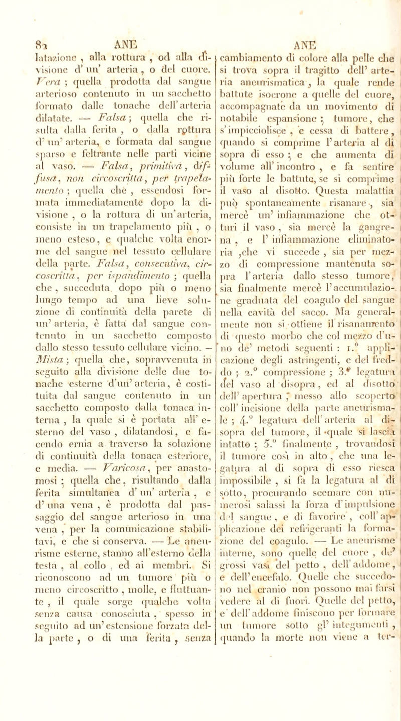 Sa ANE lutazione , alla rottura , od alla di- visione d’un’ arteria, o del cuore. T era ; quella prodotta dal sangue arterioso contenuto in un sacchetto formato dalle tonache dell’arteria dilatate. — Falsa ; quella che ri- sulta dalla ferita , o dalla rottura d’ un’ arteria, c formata dal sangue sparso e feltrante nelle parti vicine al vaso. — Falsa, primi tira , dif- fusa, non circoscritta, per trapela- mento ; quella che , essendosi for- mata immediatamente dopo la di- visione , o la rottura di un’arteria, consiste in un trapelamento più , o meno esteso, e qualche volta enor- me del sangue nel tessuto cellulare della parte. Falsa, consecutiva, cir- coscritta, per ispanclimento ; quella che , succeduta, dopo più o meno lungo tempo ad una lieve solu- zione di continuità della parete di un’ arteria, è fatta dal sangue con- tenuto in un sacchetto composto dallo stesso tessuto cellulare vicino. — Mista-, quella che, sopravvenuta in seguito alla divisione delle due to- nache esterne d un’arteria, è costi- tuita dal sangue contenuto in un sacchetto composto dalla tonaca in- terna , la quale si è portata all’ e- sterno del vaso , dilatandosi, e fa- cendo ernia a traverso la soluzione di continuità della tonaca esteriore, e media. — Varicosa, per anasto- mosi • quella che, risultando dalla ferita simultanea d’ un’ arteria , e d’una vena , è prodotta dal pas- saggio del sangue arterioso in una vena , per la comunicazione stabili- tavi, e che si conserva. — Le nneu- risme esterne, stanno all’esterno della testa , al collo , ed ai membri. Si riconoscono ad un tumore più o meno circoscritto , molle, e fluttuan- te , il quale sorge qualche volta senza causa conosciuta , spesso in seguilo ad un’estensione forzata (Iel- la parte} o di una ferita , senza A NE cambiamento di colore alla pelle che si trova sopra il tragitto dell’ arte- ria aneurismatica} la quale rende battute isocrone a quelle del cuore, accompagnate da un movimento di notabile espansione} tumore, che s’impicciolisce, e cessa di battere, quando si comprime l’arteria al di sopra di esso : c che aumenta di volume all’ incontro , e fa sentire più forte le battute, se si comprime il vaso al disotto. Questa malattia può spontaneamente risanare-, sia mercè un’ infiammazione clic ot- turi il vaso , sia mercè la gangre- na , e 1’ infiammazione eliminato- ria ,rhe vi succede , sia per mez- zo di compressione mantenuta so- pra l’arteria dallo stesso tumore, sia finalmente mercé l’accumulazio- ne graduata del coagulo del sangue nella cavità del sacco. Ala general- mente non si ottiene il risanamento di questo morbo che col mezzo dài- no de’ metodi seguenti : i.° appli- cazione degli astringenti, e del fred- do ; a.° compressione ; S.** legatili’ i elei vaso al disopra, ed al disotto dell apertura ' messo allo scoperto coll’ incisione della parie aneurisma- le ; 4-“ legatura dell arteria al di- sopra del tumore, il-quale si lascia intatto • 5.° finalmente , trovandosi il tumore cosi in alto , che una le- gatura al di sopra di esso riesca i impossibile , si fi la legatura al di sotto, procurando scemare con nu- merosi salassi la forza d impulsione d I sangue , e di favorire , coll ap- plicazione dei refrigeranti la forma- zione del coagulo. — Le aneurisme interne, sono quelle del cuore , de’ grossi vasi del petto , dell addome, e dell’encefalo. Quelle che succedo- no nel cranio non possono mai farsi vedere al di fuori. Quelle del petto, c dell'addome finiscono per formare un (umore sotto gl’ integumenti , quando la morte non viene a ter-