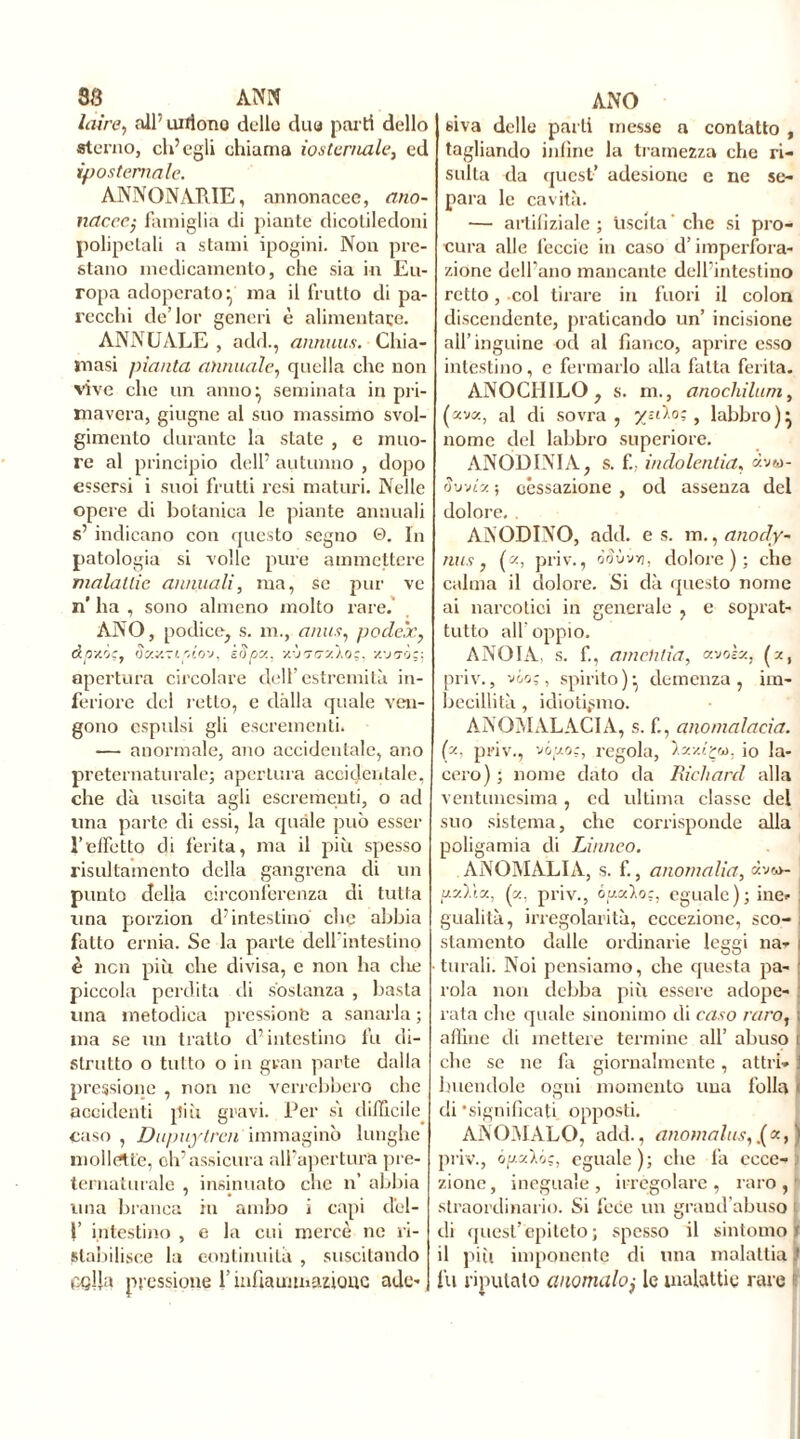 laire, all’ uiiiono dello due parti dello sterno, ch’egli chiama iosternale, ed ipostenia le. ANNONARIE, annonacec, ano- nacee; famiglia di piante dicotiledoni polipetali a stami ipogini. Non pre- stano medicamento, che sia in Eu- ropa adoperato^ ma il frutto di pa- recchi de’lor generi è alimentate. ANNUALE , add., aiumus. Chia- masi pianta annuale, quella che non vive clic un anno} seminata in pri- mavera, giugne al suo massimo svol- gimento durante la state , e muo- re al principio dell’ autunno , dopo essersi i suoi frutti resi maturi. Nelle opere di botanica le piante annuali s’ indicano con questo segno @. In patologia si volle pure ammettere malattie annuali, ma, se pur ve n’ ha , sono almeno molto rare. ANO, podice, s. m., anus, pode'x, ó.pv.'j', SaxTiplo'j, kSpx, v.'j’jrjzÀo;, xi/aò;: apertura circolare dell’estremità in- feriore del retto, e dàlia quale ven- gono espulsi gli escrementi. — anormale, ano accidentale, ano preternaturale; apertura accidentale, che dà uscita agli escrementi, o ad una parte di essi, la quale può esser l’effetto di ferita, ma il più spesso risultamento della gangrena di un punto della circonferenza di tutta una porzion d’intestino che abbia fatto ernia. Se la parte dell’intestino è ncn più che divisa, e non ha die piccola perdita di sostanza , basta una metodica pressioni a sanarla ; ina se un tratto d’intestino fu di- strutto o tutto o in gran parte dalla pressione , non ne verrebbero che accidenti più gravi. Per si difficile caso , Dupuytrcn immaginò lunghe mollette, ch’assicura all’apertura pre- ternaturale , insinuato clic n’ abbia una branca in ambo i capi del- }’ intestino , e la cui mercè ne ri- stabilisce la continuità , suscitando colla pressione l’lidia mutazione adc- siva delle parli messe a contatto , tagliando inline la tramezza che ri- sulta da quest’ adesione e ne se- para le cavità. — artiliziale ; liscila  che si pro- cura alle leccio in caso d’imperfora- zione dell’ano mancante dell’intestino retto, col tirare in fuori il colon discendente, praticando un’ incisione all’inguine od al fianco, aprire esso intestino, e fermarlo alla fatta ferita. ANOCIIILO, s. m., anochilum, («va, al di sovra, /silo; , labbro)} nome del labbro superiore. ANODINI A, s. fi, indolentia, «vw- òwtz ; cessazione , od assenza del dolore. . ANODINO, add. es. m., anody~ nus , («, priv., diìùvyj, dolore); che calma il dolore. Si dà questo nome ai narcotici in generale , e soprat- tutto all’oppio. ANOIA, s. fi, amenda, avokx, (a, priv., v&oç, spirito)} demenza, im- becillità , idiotismo. ANOMALACIA, s. fi, anomalacia. («, priv., viaoç, regola, ).«z«ça, io la- cero) ; nome dato da Richard alla ventunesima, cd ultima classe del suo sistema, che corrisponde alla poligamia di Linneo. ANOMALIA, s. fi, anomalia, àv&>- uxlìx, (a. priv., ógalog, eguale); ine? : gualità, irregolarità, eccezione, sco- ; stamento dalle ordinarie leggi na- i turali. Noi pensiamo, che questa pa- ! rola non debba più essere adope- : rata che quale sinonimo di caso raro, ; alfine di mettere termine all’ abuso i che se ne fa giornalmente , attri* j buendole ogni momento una folla < di significati opposti. ANOMALO, add., anomalus,.(«») priv., ógaXó?, eguale); che fa ecce-) zionc, ineguale , irregolare , raro , straordinario. Si fece un grand’abuso di quest’epiteto ; spesso il sintomo ï il più imponente di una malattia ! fu riputato anomaloj le malattie rare