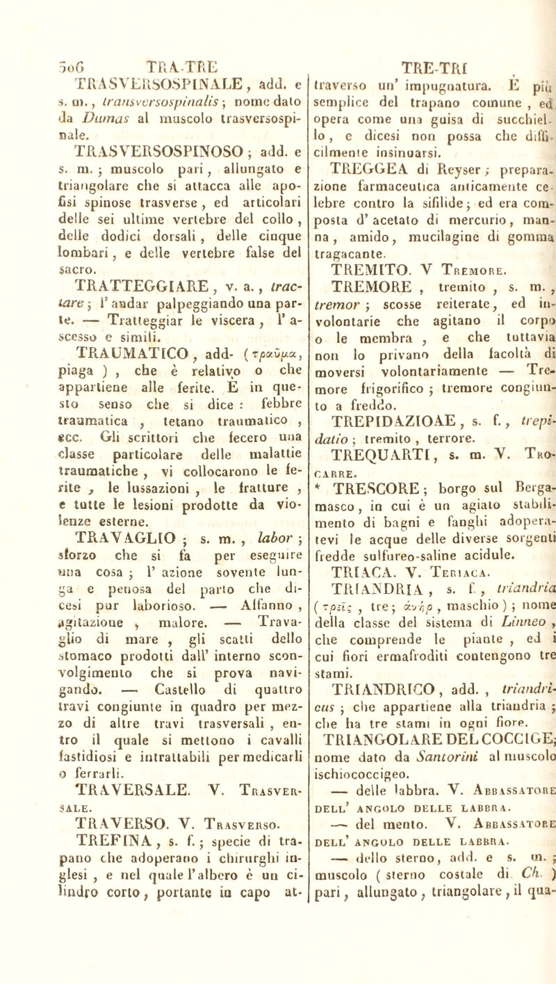 5oG TR A.-TRE TRASVERSOSPINALE, add. c s. u)., transversospinalis ; nomo dato da Damas al muscolo trasversospi- nale. TRASVERSOSPINOSO ; add. e s. ni. ; muscolo pari , allungato e triangolare che si attacca alle apo- fisi spinose trasverse , ed articolari delle sei ultime vertebre del collo , delle dodici dorsali , delle cinque lombari, e delle vertebre false del sacro. TRATTEGGIARE , v. a., trac- tare-, l’andar palpeggiando una par- te. — Tratteggiar le viscera , 1’ a- scesso e simili. TRAUMATICO, add- (rpciOp-a., piaga ) , che è relativo o che appartiene alle ferite. E in que- sto senso che si dice : febbre traumatica , tetano traumatico , «cc. Gli scrittori che fecero una classe particolare delle malattie traumatiche , vi collocarono le fe- rite , le lussazioni , le fratture , e tutte le lesioni prodotte da vio- lenze esterne. TRAVAGLIO ; s. m. , labor ; sforzo che si fa per eseguire una cosa ; 1’ azione sovente lun- ga e penosa del parto che di- cesi pur laborioso. — Affanno , agitazione , malore. — Trava- glio di mare , gli scatti dello stomaco prodotti dall’ interno scon- volgimento che si prova navi- gando. — Castello di quattro travi congiunte in quadro per mez- zo di altre travi trasversali , eu- tro il quale si mettono i cavalli fastidiosi e intrattabili per medicarli o ferrarli. TRAVERSALE. V. Trasver- sale. TRAVER.SO. V. Trasverso. TREFlNA, s. f. ; specie di tra- pano che adoperano i chirurghi in- glesi , e nel quale l’albero è un ci- lindro corto, portante iu capo at- TRE-TRf traverso un’ impugnatura. E più semplice del trapano comune , ed opera come una guisa di succhiel- lo , c dicesi non possa che dilli- cilmenie insinuarsi. TREGGEA di Pieyser ; prepara- zione farmaceutica anticamente ce lebre contro la sifilide; ed era com- posta d’acetato di mercurio, man- na, amido, mucilagine di gomma tragacante. TREMITO. V Tremore. TREMORE , tremito , s. m. , tremor ; scosse reiterate, ed in- volontarie che agitano il corpo o le membra , e che tuttavia non lo privano della lacoltà di moversi volontariamente — Tre- more frigorifico ; tremore congiun- to a freddo. TREPIDAZIOAE, s. f., trepi- dai io ; tremito, terrore. TREQUARTI, s. m. V. Tro- CARRE. * TRESCORE; borgo sul Berga- masco , in cui è un agiato stabili- mento di bagni e fanghi adopera- tevi le acque delle diverse sorgenti fredde sulfureo-saline acidule. TRIACA. V. Teriaca. TPJANDRIA , s. f. , trìandria ( -pü; , tre; à-j},p , maschio ) ; nome della classe del sistema di Linneo , che comprende le piante , ed i cui fiori ermafroditi contengono tre stami. TRIANDRICO , add. , triandri- eus ; die appartiene alla triaudria ; che ha tre stami in ogni fiore. TRIANGOL ARE DEL COCCIGE; nome dato da Santorini al muscolo ischiococcigeo. — delle labbra. V. Abbassatore dell’ angolo delle labbra. — del mento. V. Abbassatop.e dell’ angolo delle labbra. — dello sterno, add. e s. m. ; muscolo ( sterno costale di Ch. ) pari, allungato , triangolare, il qua-